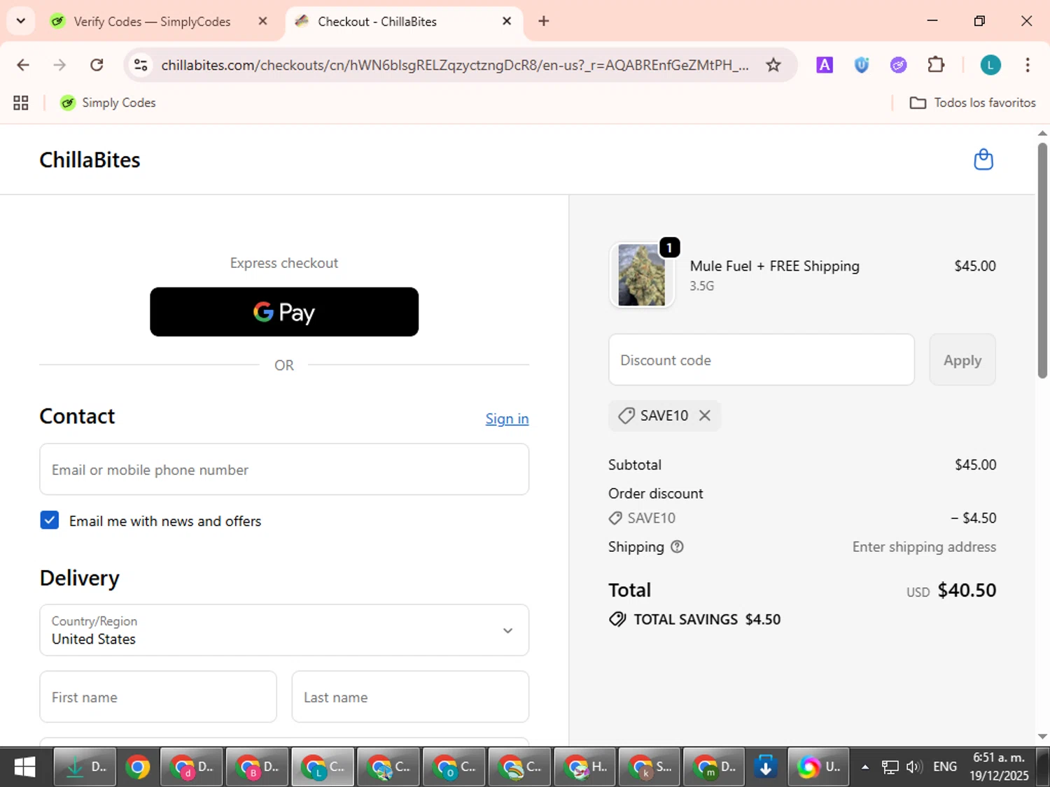 ChillaBites promo code screenshot showing code SAVE10 applied at ChillaBites checkout page. Uploaded by SimplyCodes community member LuckyLegend792 on Dec 19, 2025