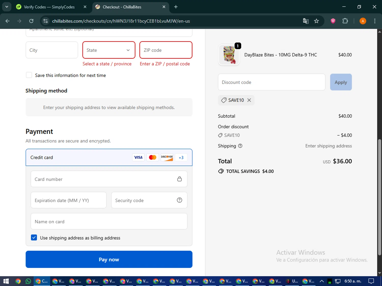 ChillaBites promo code screenshot showing code SAVE10 applied at ChillaBites checkout page. Uploaded by SimplyCodes community member MoneyPhoenix4664 on Sep 23, 2025