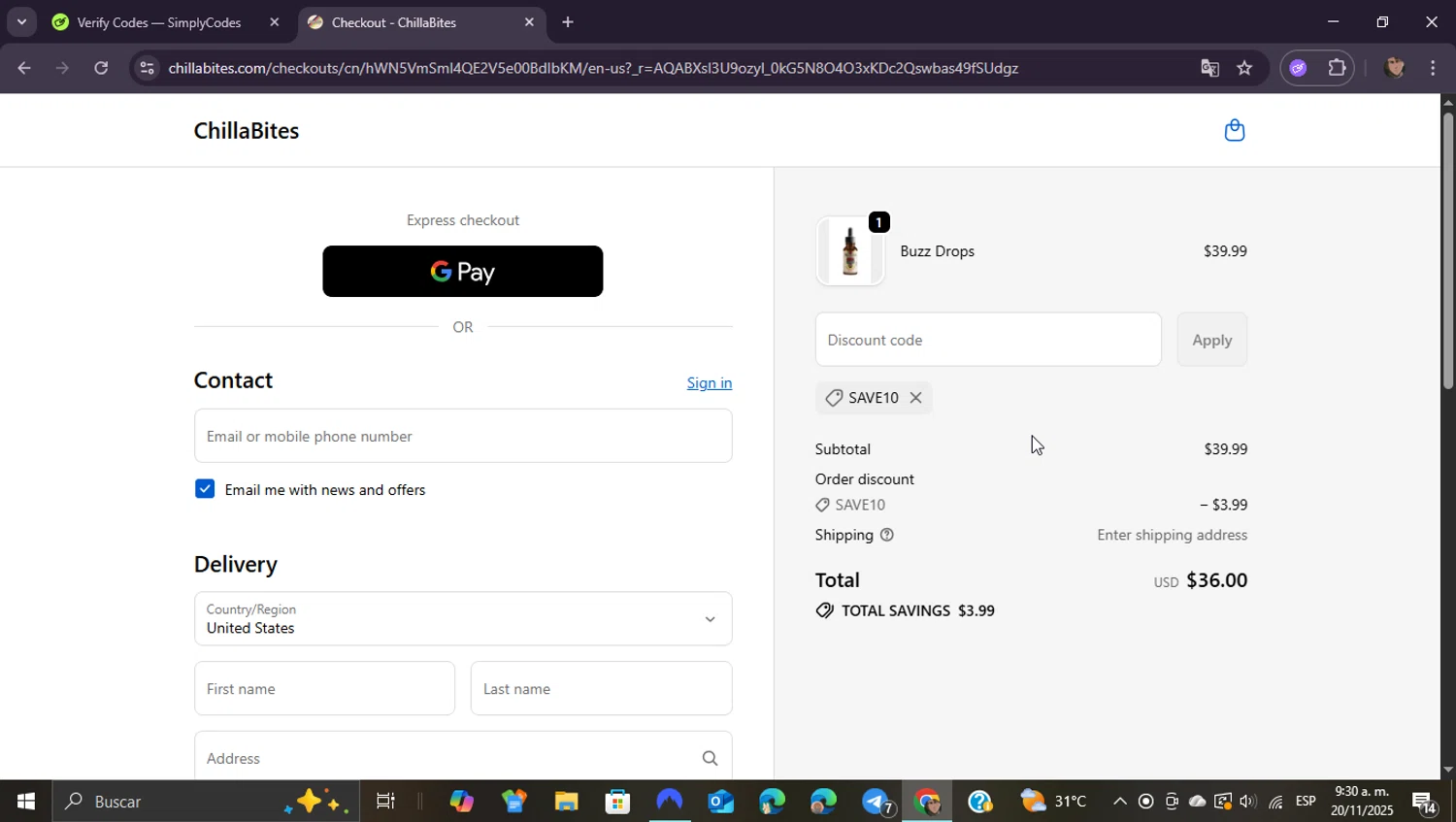 ChillaBites promo code screenshot showing code SAVE10 applied at ChillaBites checkout page. Uploaded by SimplyCodes community member ShieldEagle9436 on Nov 20, 2025