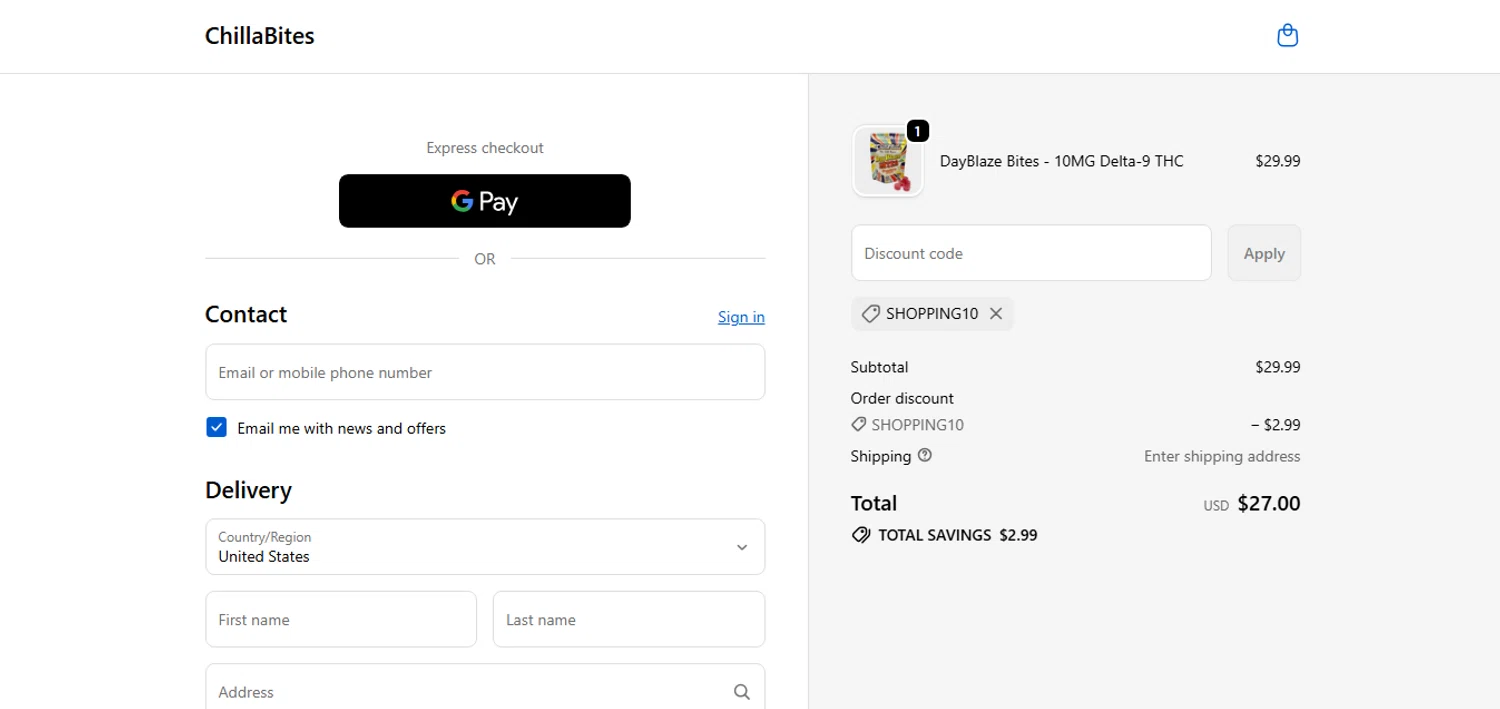 ChillaBites promo code screenshot showing code SHOPPING10 applied at ChillaBites checkout page. Uploaded by SimplyCodes community member MoneyHunter5624 on Dec 19, 2025