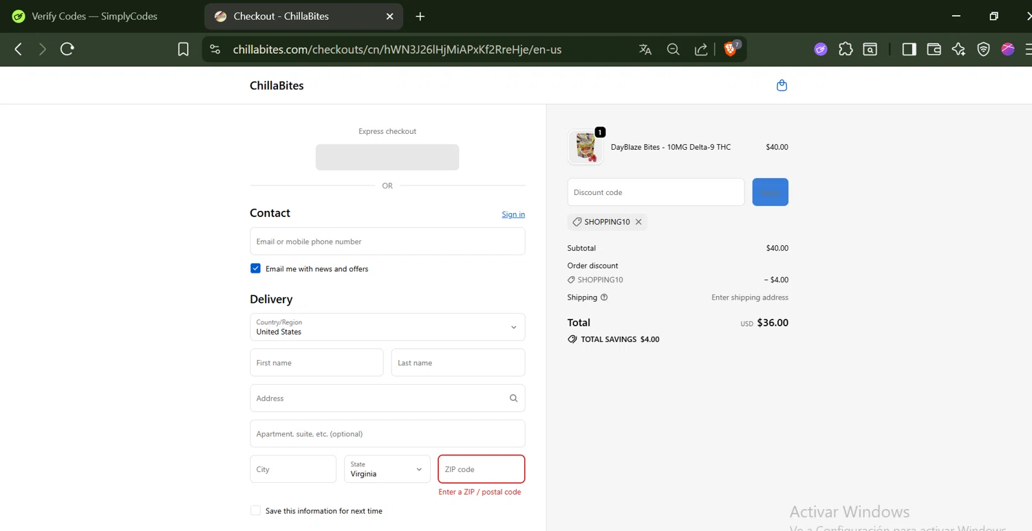 ChillaBites promo code screenshot showing code SHOPPING10 applied at ChillaBites checkout page. Uploaded by SimplyCodes community member SwiftLynx6587 on Sep 23, 2025