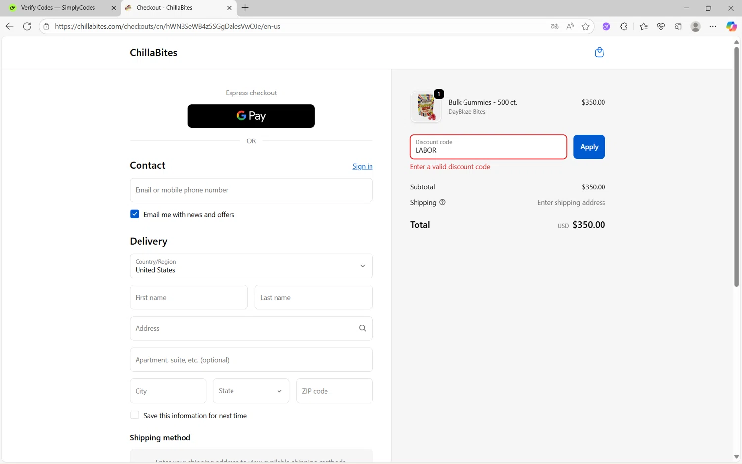 ChillaBites promo code screenshot showing code LABOR applied at ChillaBites checkout page. Uploaded by SimplyCodes community member frijolito on Sep 27, 2025