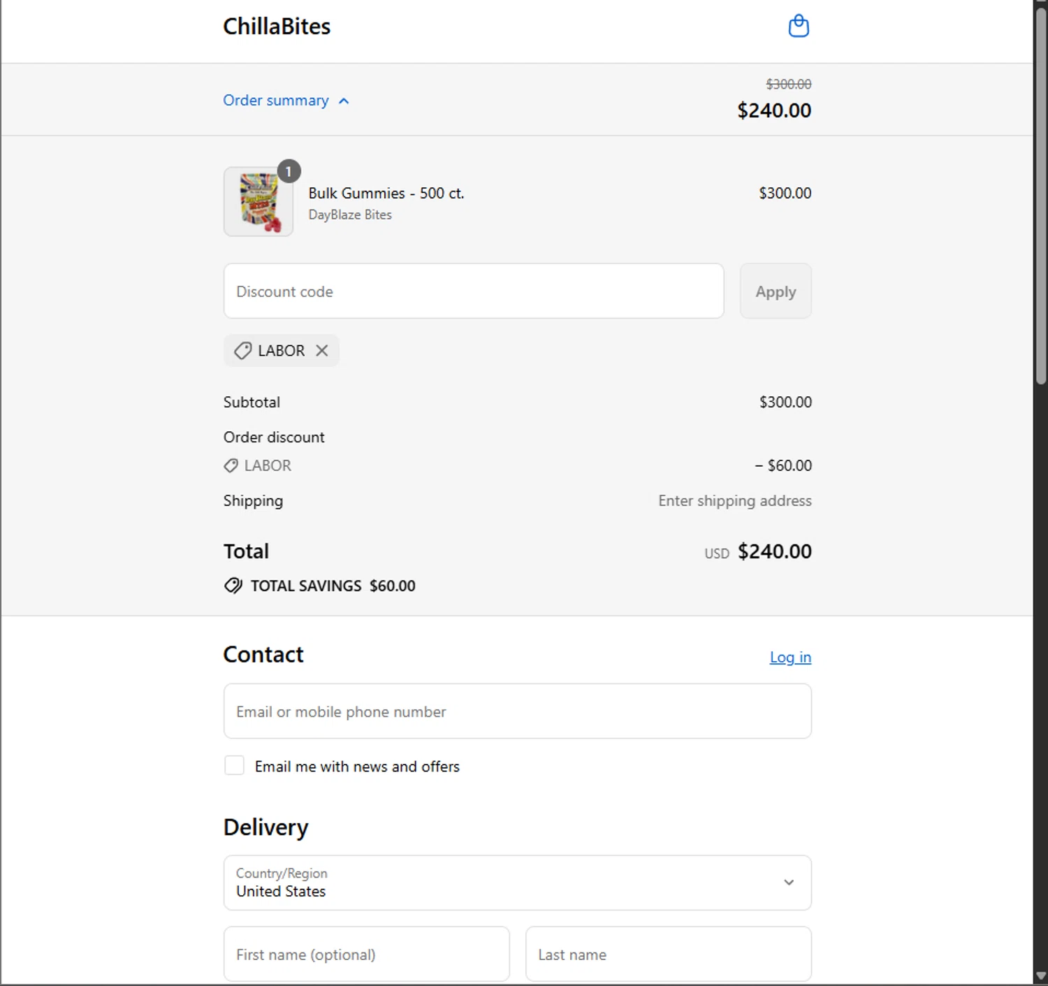 ChillaBites promo code screenshot showing code LABOR applied at ChillaBites checkout page. Uploaded by SimplyCodes community member PillarsofCreation on Aug 29, 2025