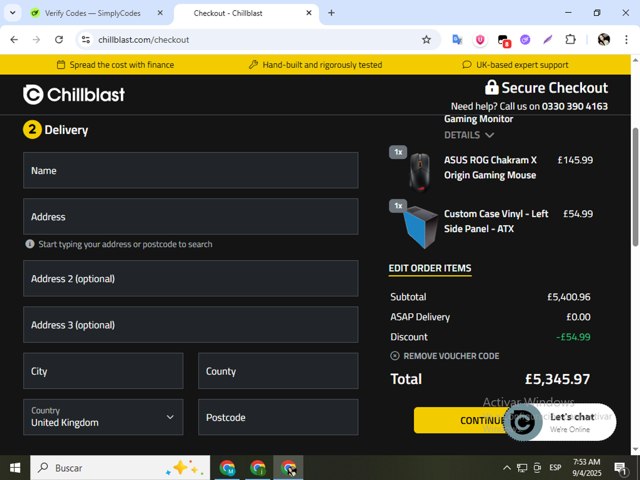 Chillblast checkout page showing Chillblast discount code box | Screenshot taken by SimplyCodes community member on Sep 4, 2025