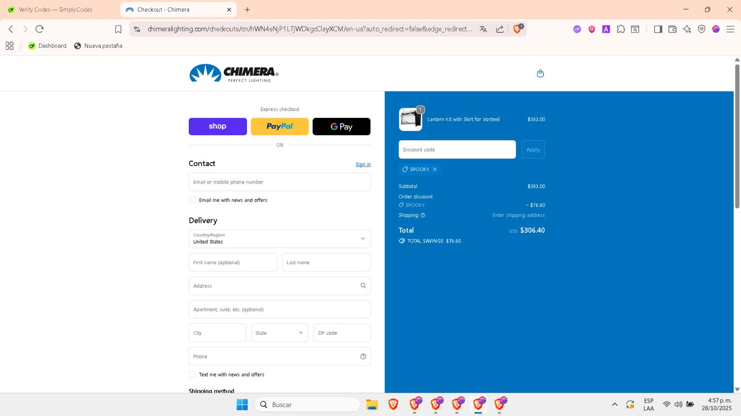 Chimera Lighting checkout page showing Chimera Lighting promo code box | Screenshot taken by SimplyCodes community member on Oct 28, 2025