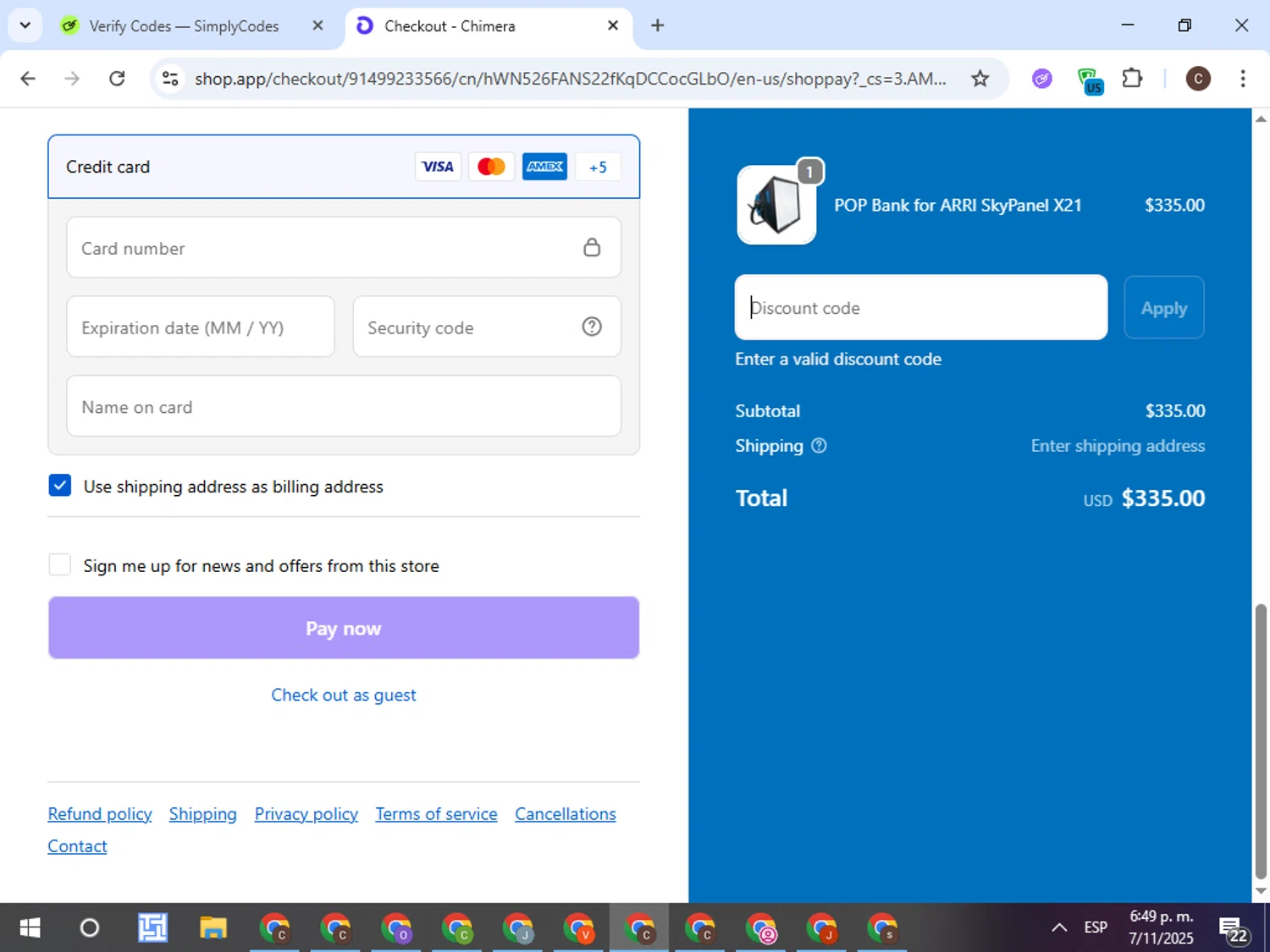 Chimera Lighting promo code screenshot showing code SPOOKY applied at Chimera Lighting checkout page. Uploaded by SimplyCodes community member TreasureFox8596 on Nov 7, 2025