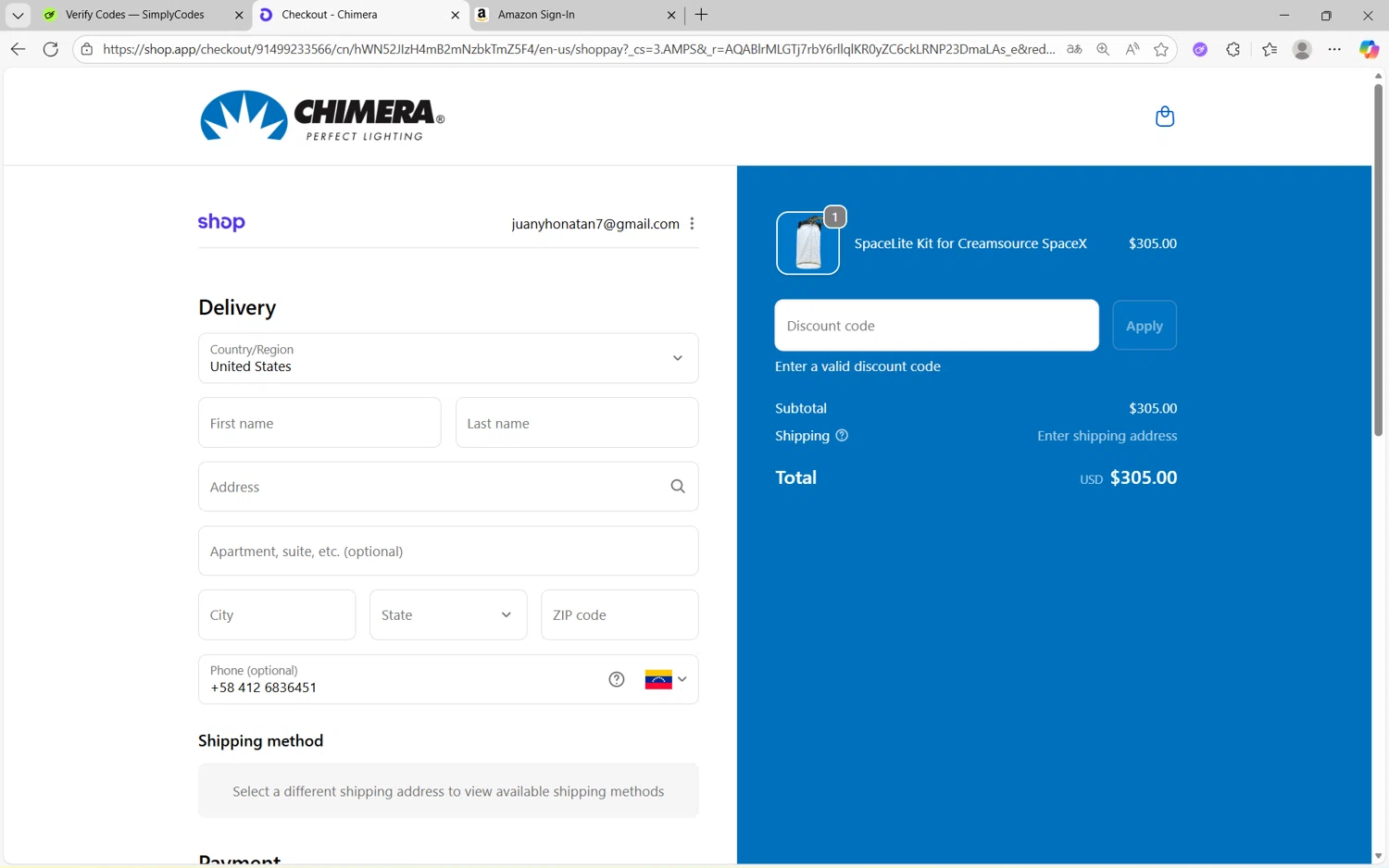 Chimera Lighting promo code screenshot showing code SPOOKY applied at Chimera Lighting checkout page. Uploaded by SimplyCodes community member juan1702 on Nov 8, 2025