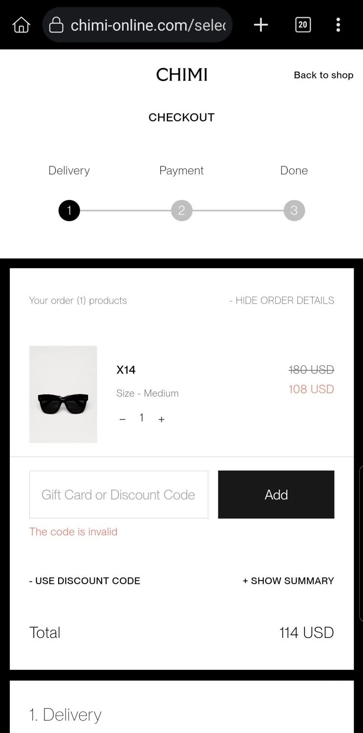 Chimi Eyewear discount code screenshot showing code extra10 applied at Chimi Eyewear checkout page. Uploaded by SimplyCodes community member Carloslvz on Jul 8, 2025