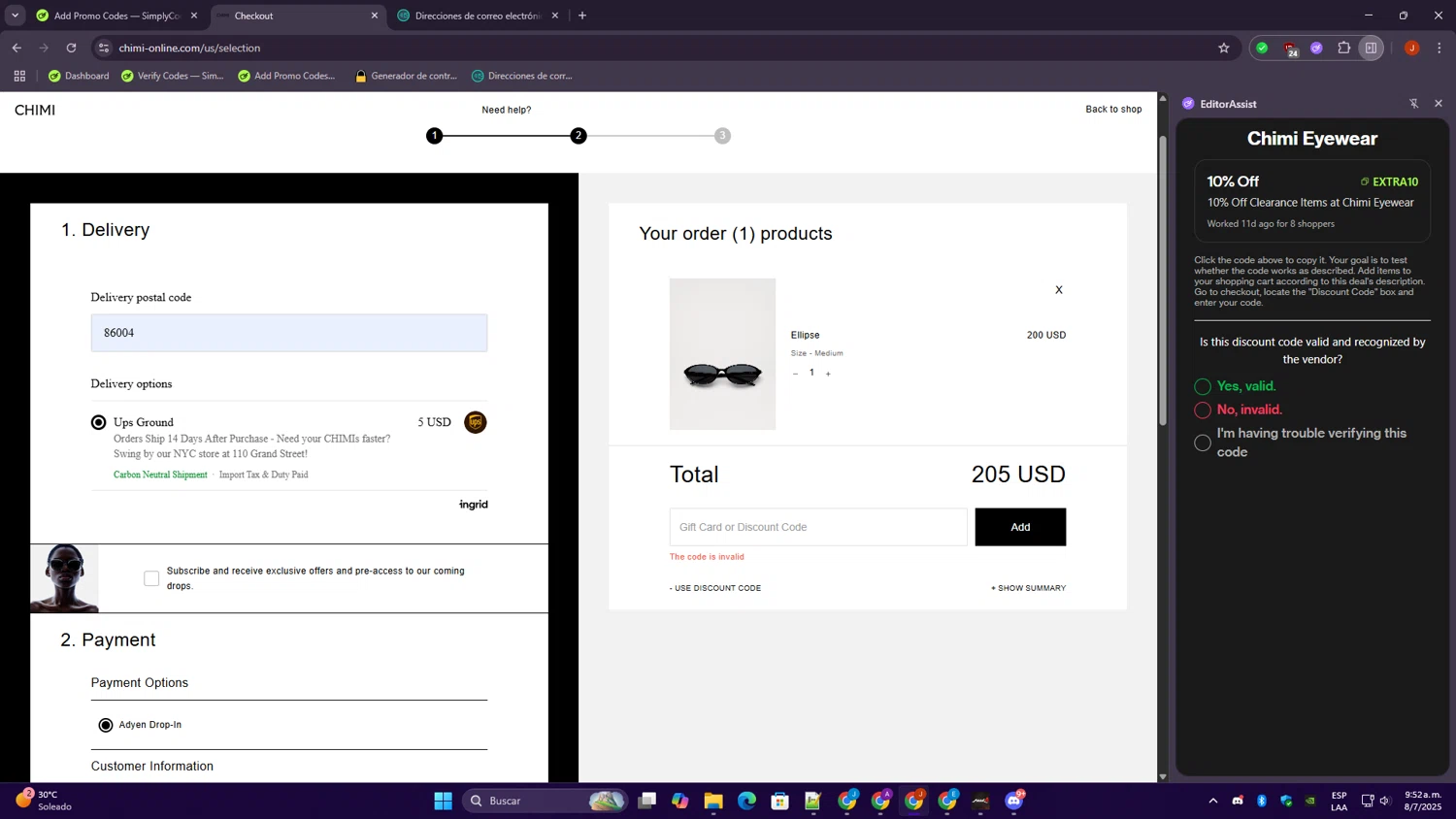 Chimi Eyewear discount code screenshot showing code extra10 applied at Chimi Eyewear checkout page. Uploaded by SimplyCodes community member SaleAdmiral9379 on Jul 8, 2025