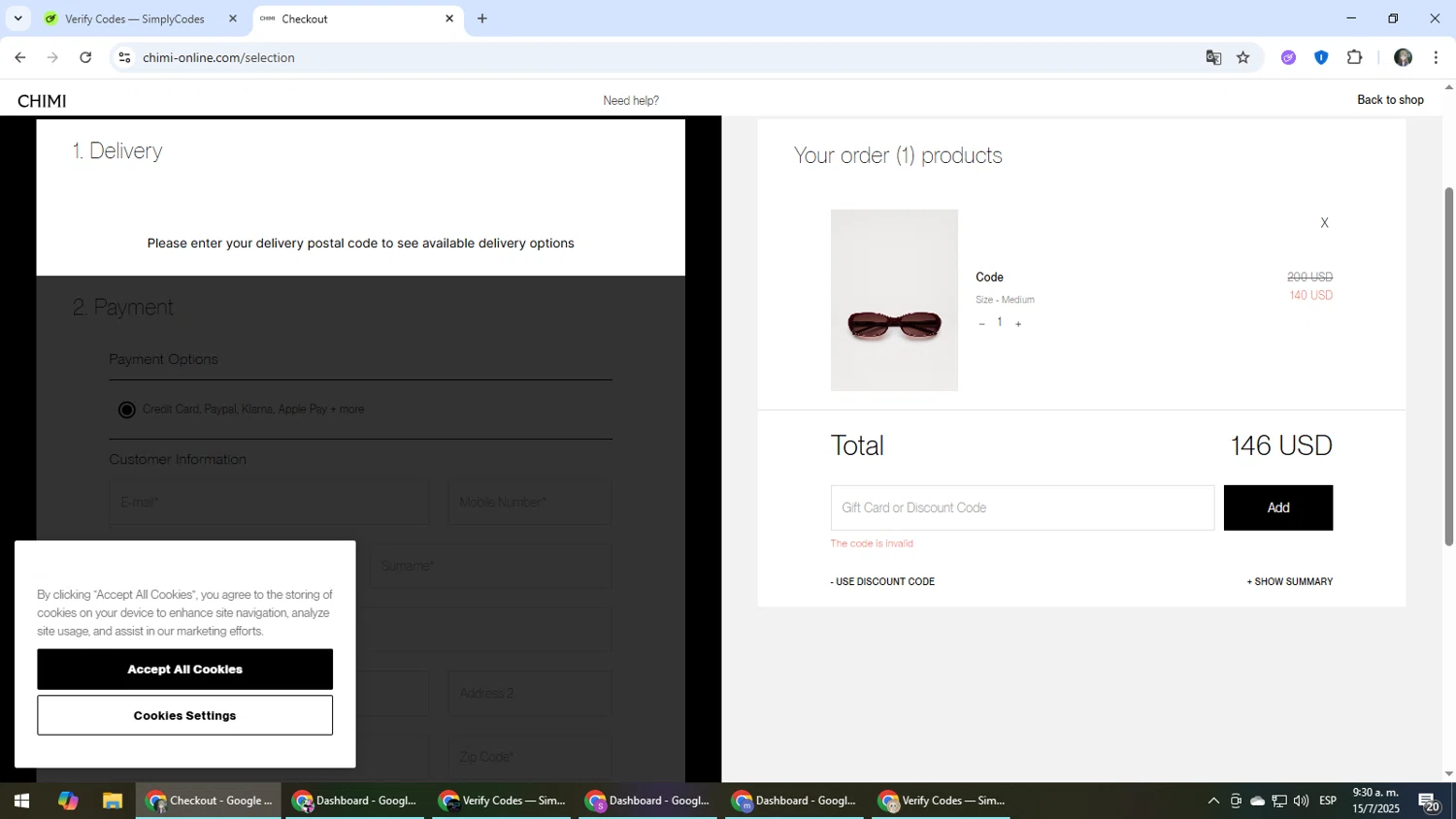 Chimi Eyewear discount code screenshot showing code FREESHIP applied at Chimi Eyewear checkout page. Uploaded by SimplyCodes community member CleverLynx6871 on Jul 15, 2025