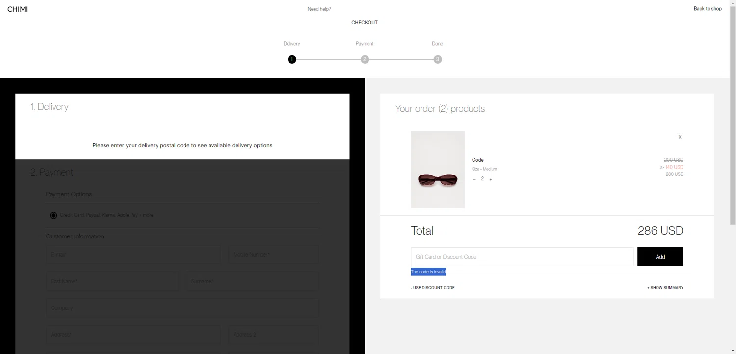 Chimi Eyewear discount code screenshot showing code FREESHIP applied at Chimi Eyewear checkout page. Uploaded by SimplyCodes community member CodeGuardian5312 on Jul 15, 2025