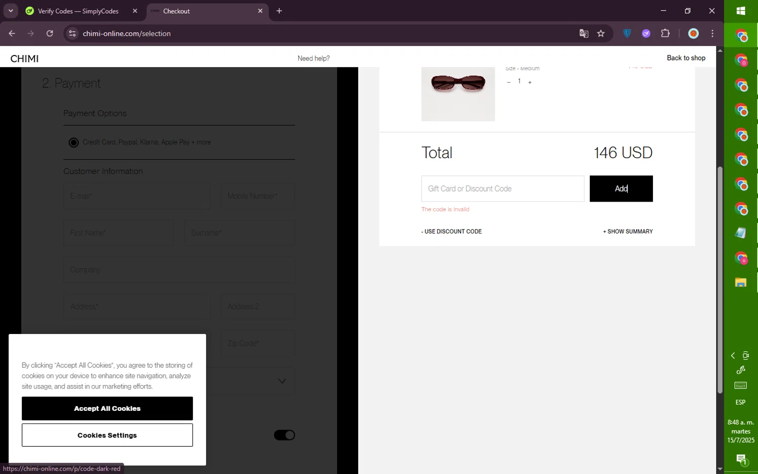 Chimi Eyewear discount code screenshot showing code FREESHIP applied at Chimi Eyewear checkout page. Uploaded by SimplyCodes community member PromoVoyager8446 on Jul 15, 2025