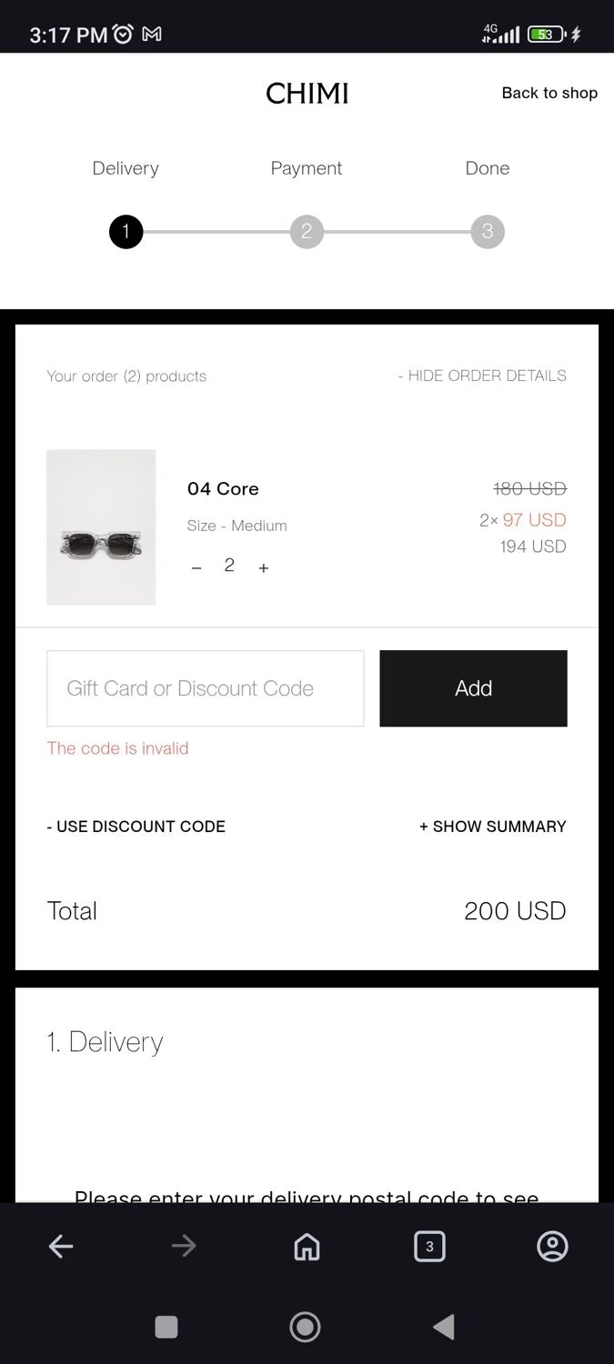 Chimi Eyewear discount code screenshot showing code 5EXTRA applied at Chimi Eyewear checkout page. Uploaded by SimplyCodes community member JulesCrnel on Aug 9, 2025