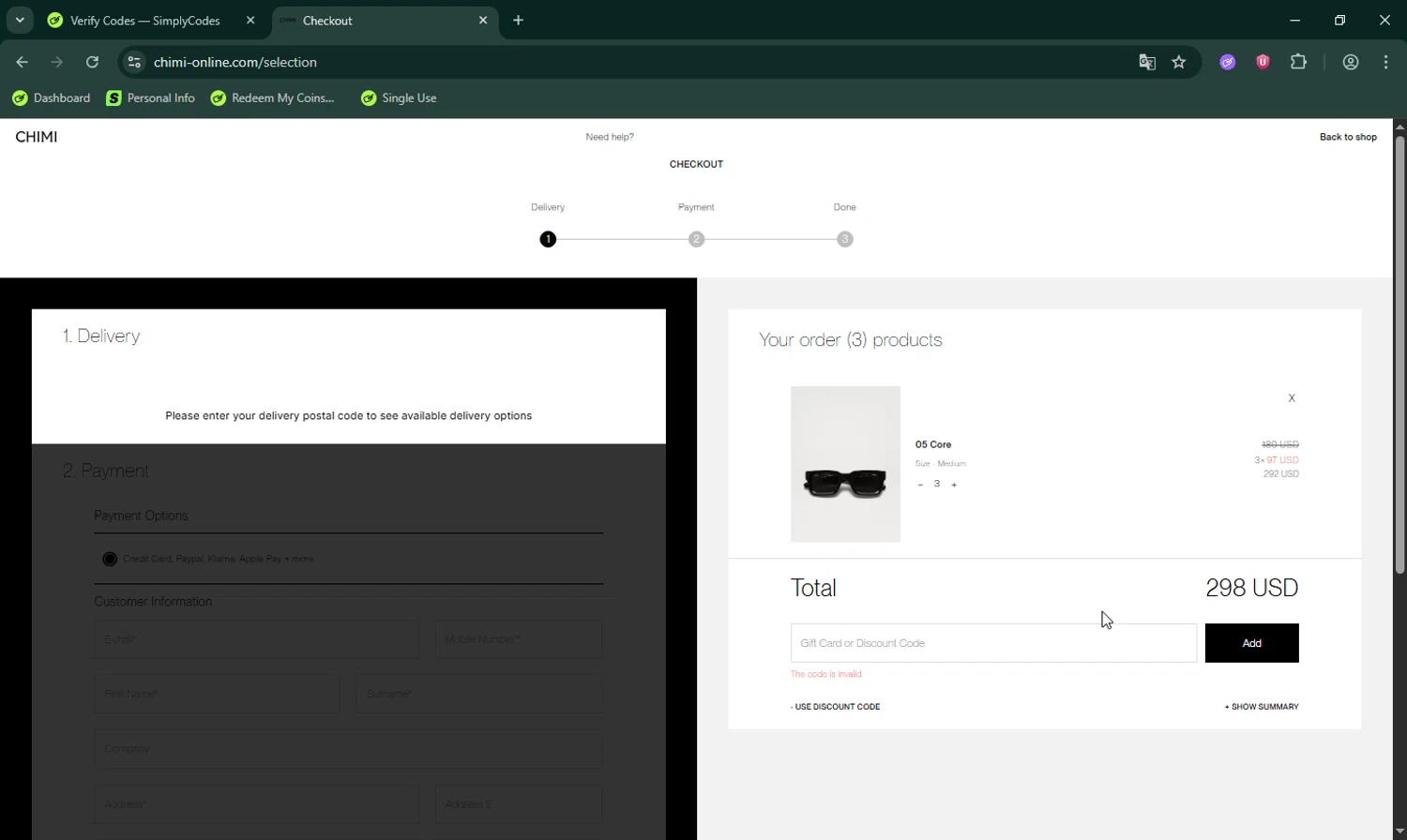 Chimi Eyewear discount code screenshot showing code 5EXTRA applied at Chimi Eyewear checkout page. Uploaded by SimplyCodes community member LHaunter on Aug 9, 2025