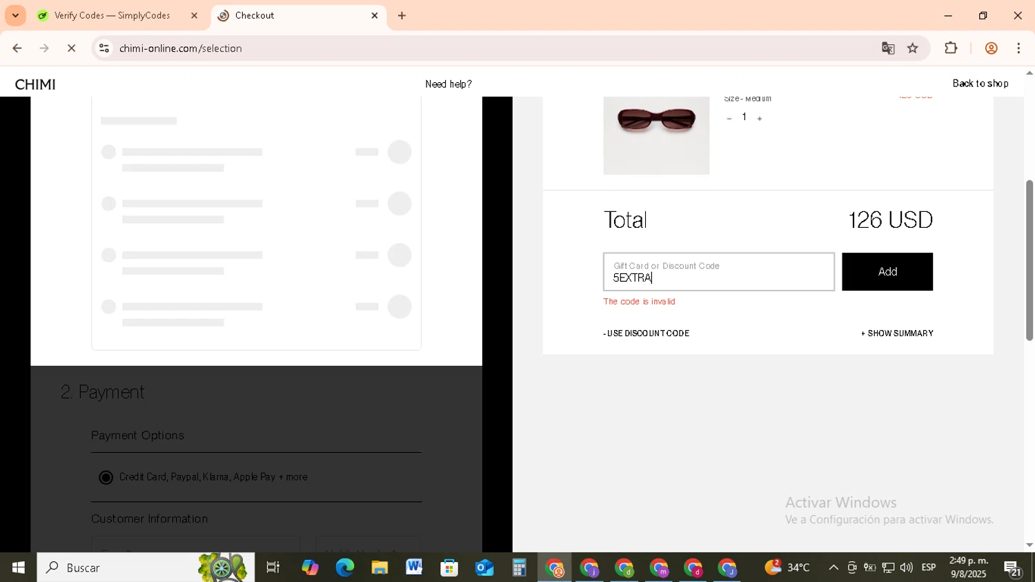 Chimi Eyewear discount code screenshot showing code 5EXTRA applied at Chimi Eyewear checkout page. Uploaded by SimplyCodes community member RebateCollector5909 on Aug 9, 2025
