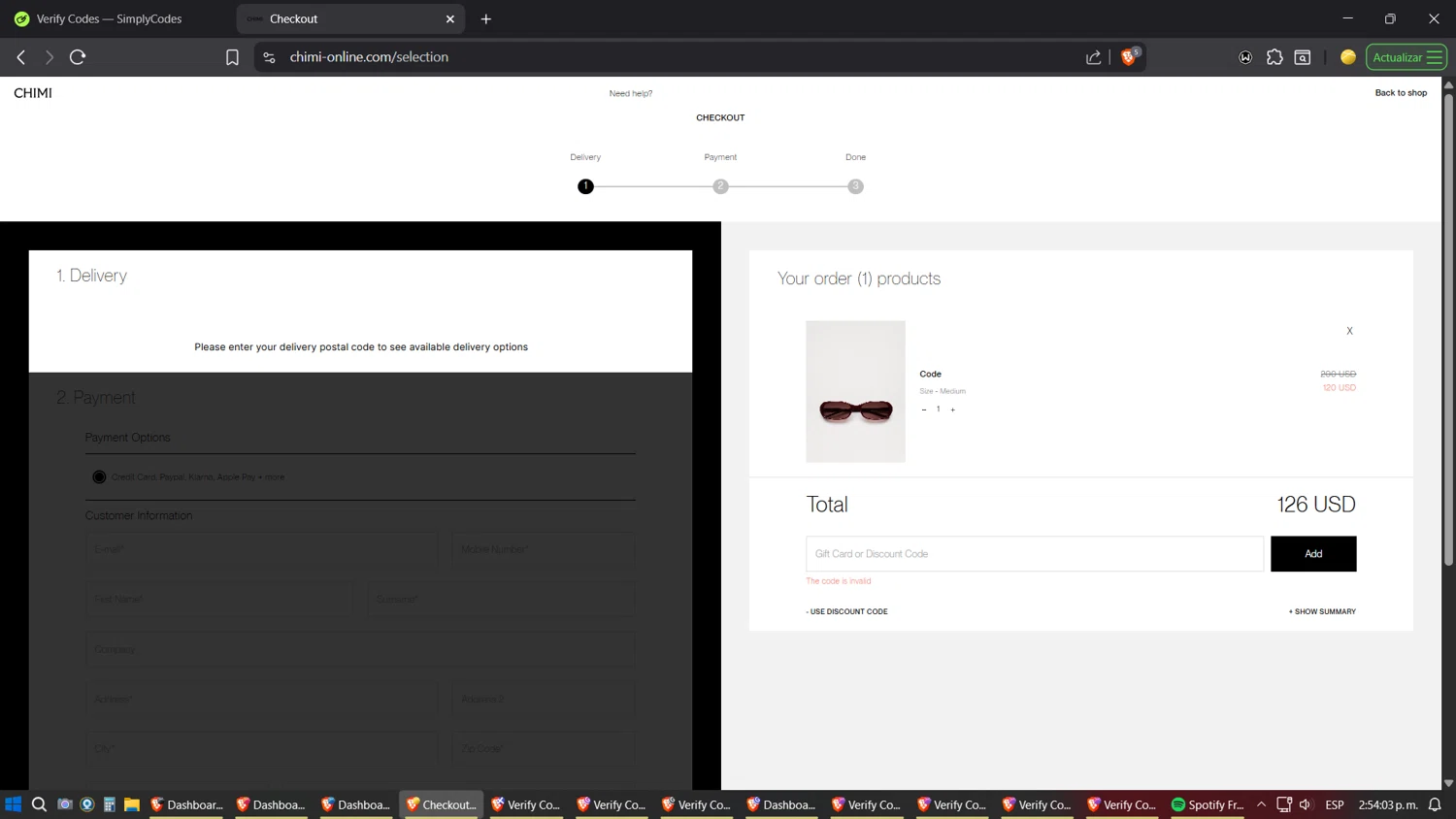Chimi Eyewear discount code screenshot showing code 5EXTRA applied at Chimi Eyewear checkout page. Uploaded by SimplyCodes community member ZoilaPerrita on Aug 9, 2025