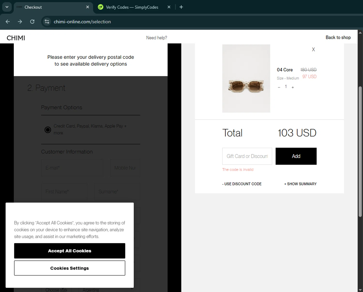 Chimi Eyewear discount code screenshot showing code 5EXTRA applied at Chimi Eyewear checkout page. Uploaded by SimplyCodes community member richardromero on Aug 9, 2025
