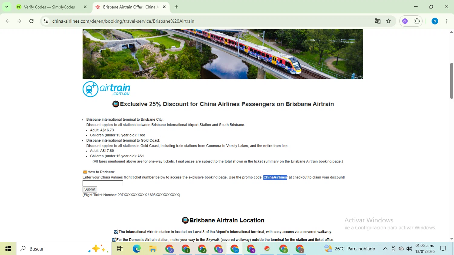 China Airlines checkout page showing China Airlines promo code box | Screenshot taken by SimplyCodes community member on Jan 13, 2026
