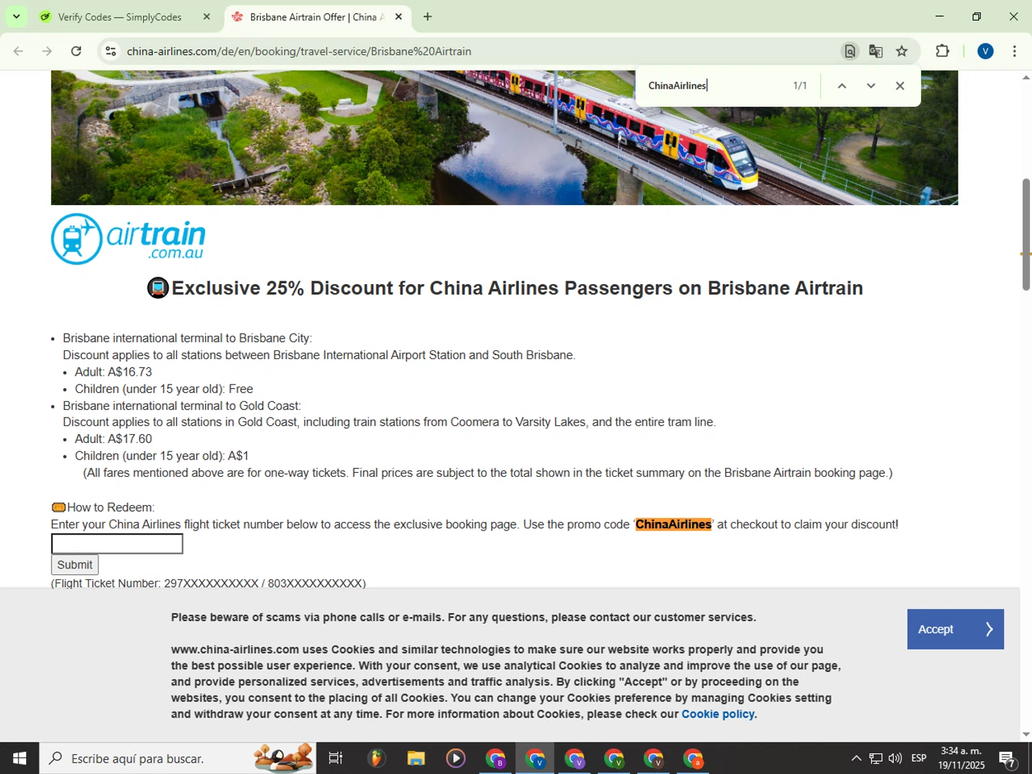 China Airlines promo code screenshot showing code ChinaAirlines applied at China Airlines checkout page. Uploaded by SimplyCodes community member Garou_Y2K on Nov 19, 2025