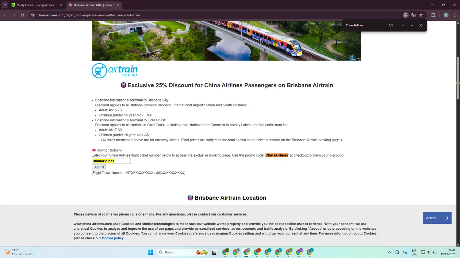 China Airlines checkout page showing China Airlines promo code box | Screenshot taken by SimplyCodes community member on Oct 20, 2025