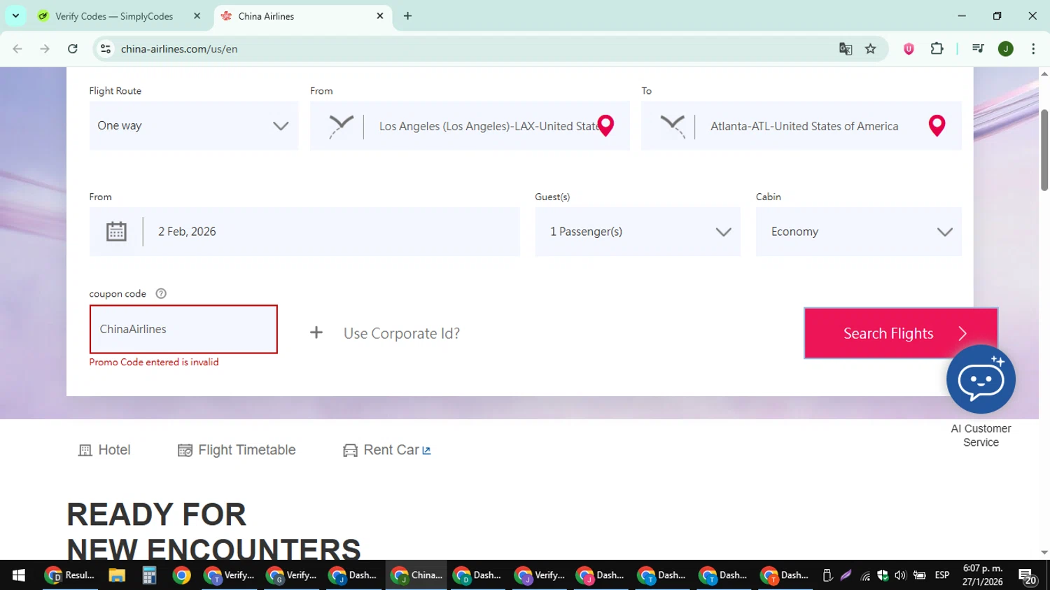 China Airlines promo code screenshot showing code ChinaAirlines applied at China Airlines checkout page. Uploaded by SimplyCodes community member ShieldFinder369 on Jan 27, 2026