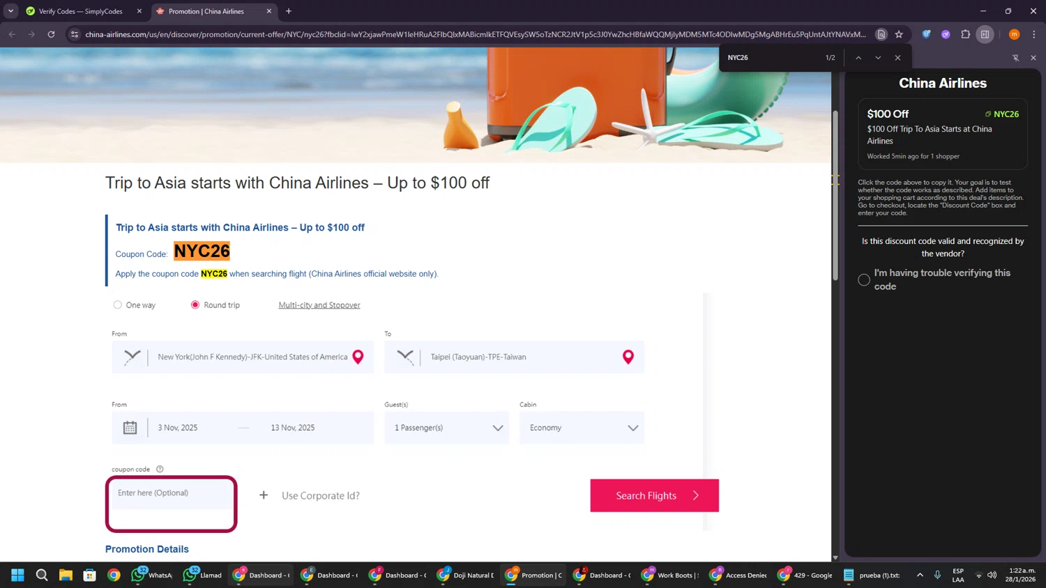 China Airlines checkout page showing China Airlines promo code box | Screenshot taken by SimplyCodes community member on Jan 28, 2026