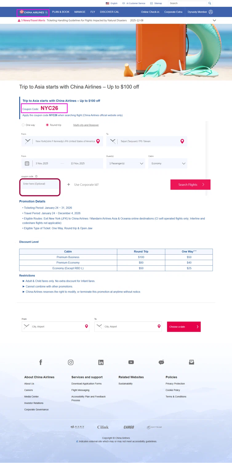 China Airlines promo code screenshot showing code NYC26 applied at China Airlines checkout page. Uploaded by SimplyCodes community member mrdarcy on Jan 28, 2026