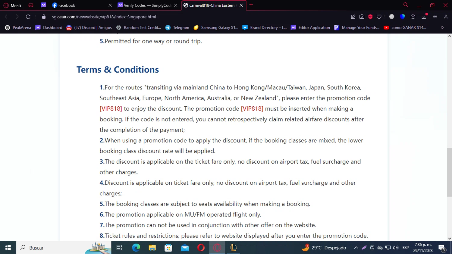 China Eastern Airlines checkout page showing China Eastern Airlines coupon code box | Screenshot taken by SimplyCodes community member on Nov 29, 2023