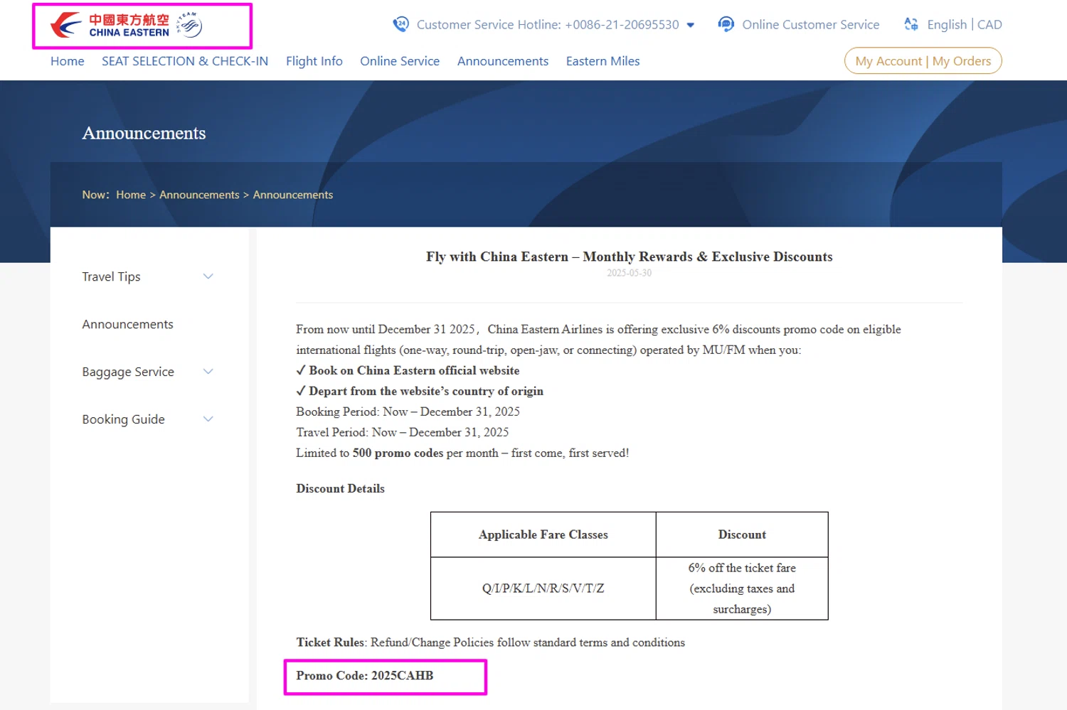 China Eastern Airlines coupon code screenshot showing code 2025CAHB applied at China Eastern Airlines checkout page. Uploaded by SimplyCodes community member mrdarcy on Aug 26, 2025