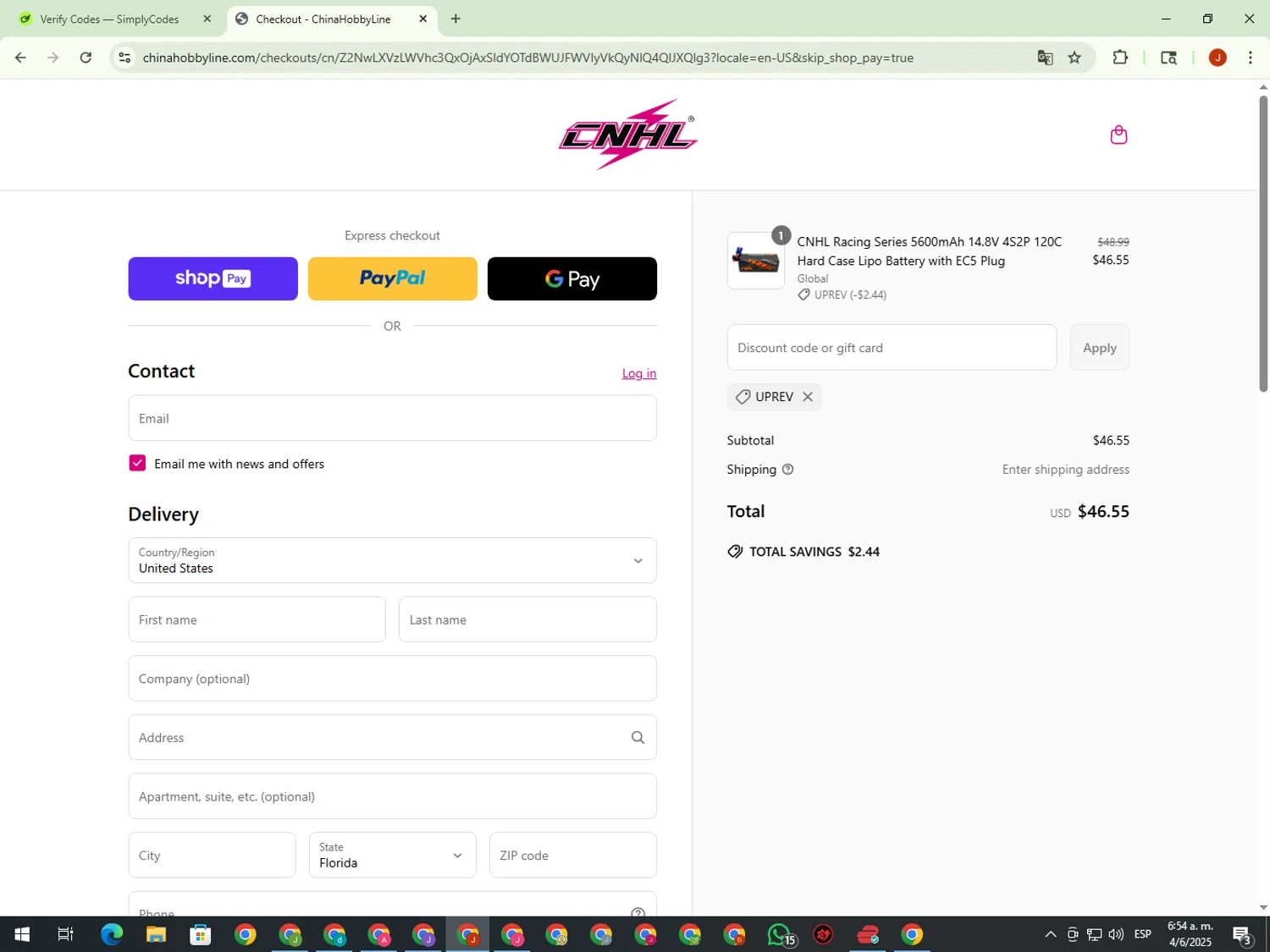ChinaHobbyLine discount code screenshot showing code UPREV applied at ChinaHobbyLine checkout page. Uploaded by SimplyCodes community member KimDokja on Jun 4, 2025