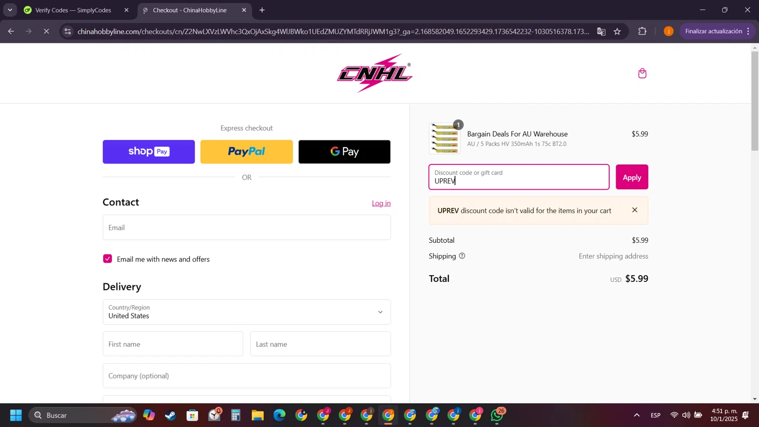 ChinaHobbyLine discount code screenshot showing code UPREV applied at ChinaHobbyLine checkout page. Uploaded by SimplyCodes community member SilverSentinel5952 on Jan 10, 2025