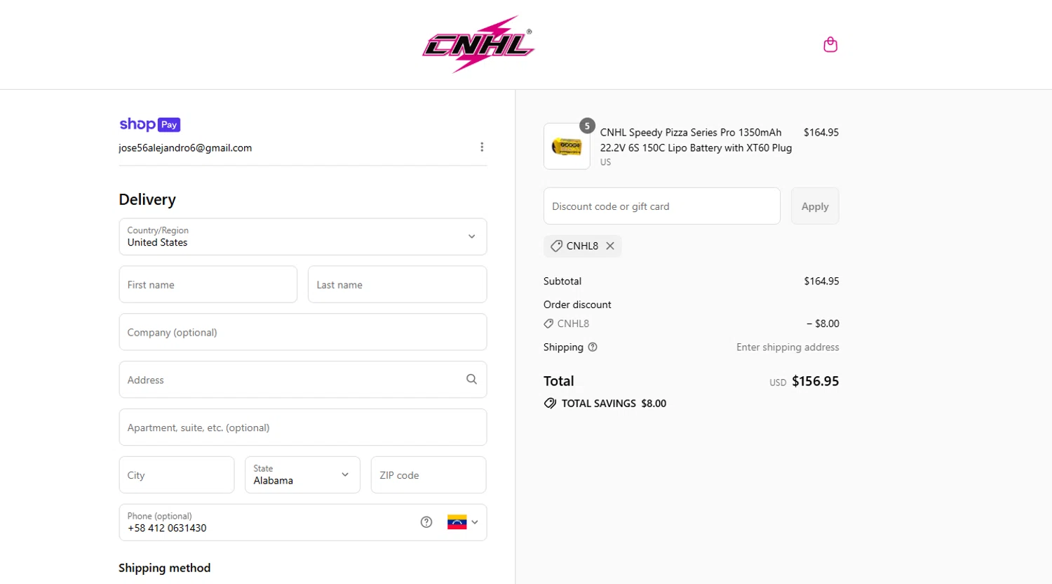 ChinaHobbyLine discount code screenshot showing code CNHL8 applied at ChinaHobbyLine checkout page. Uploaded by SimplyCodes community member Kmacho on Jul 10, 2025