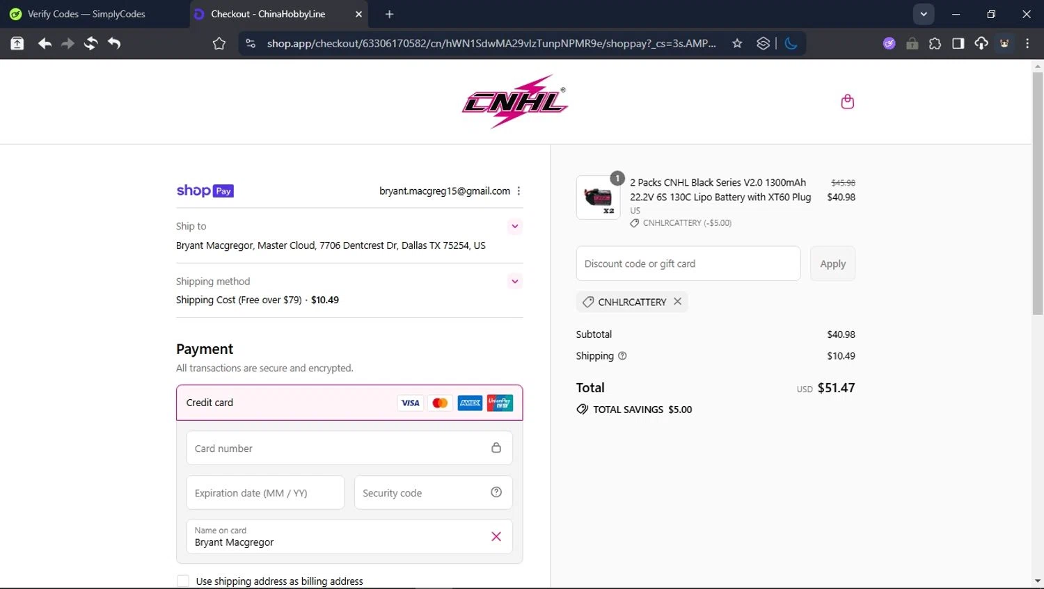 ChinaHobbyLine discount code screenshot showing code cnhlrcattery applied at ChinaHobbyLine checkout page. Uploaded by SimplyCodes community member USER_RANDON on Aug 5, 2025