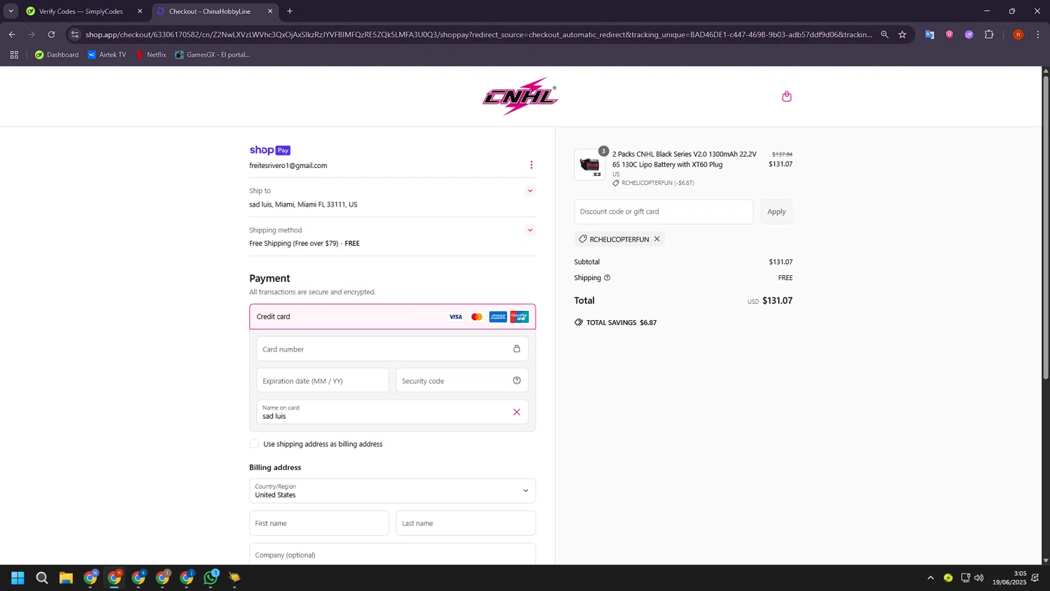 ChinaHobbyLine discount code screenshot showing code RCHELICOPTERFUN applied at ChinaHobbyLine checkout page. Uploaded by SimplyCodes community member BudgetShopper182 on Jun 19, 2025