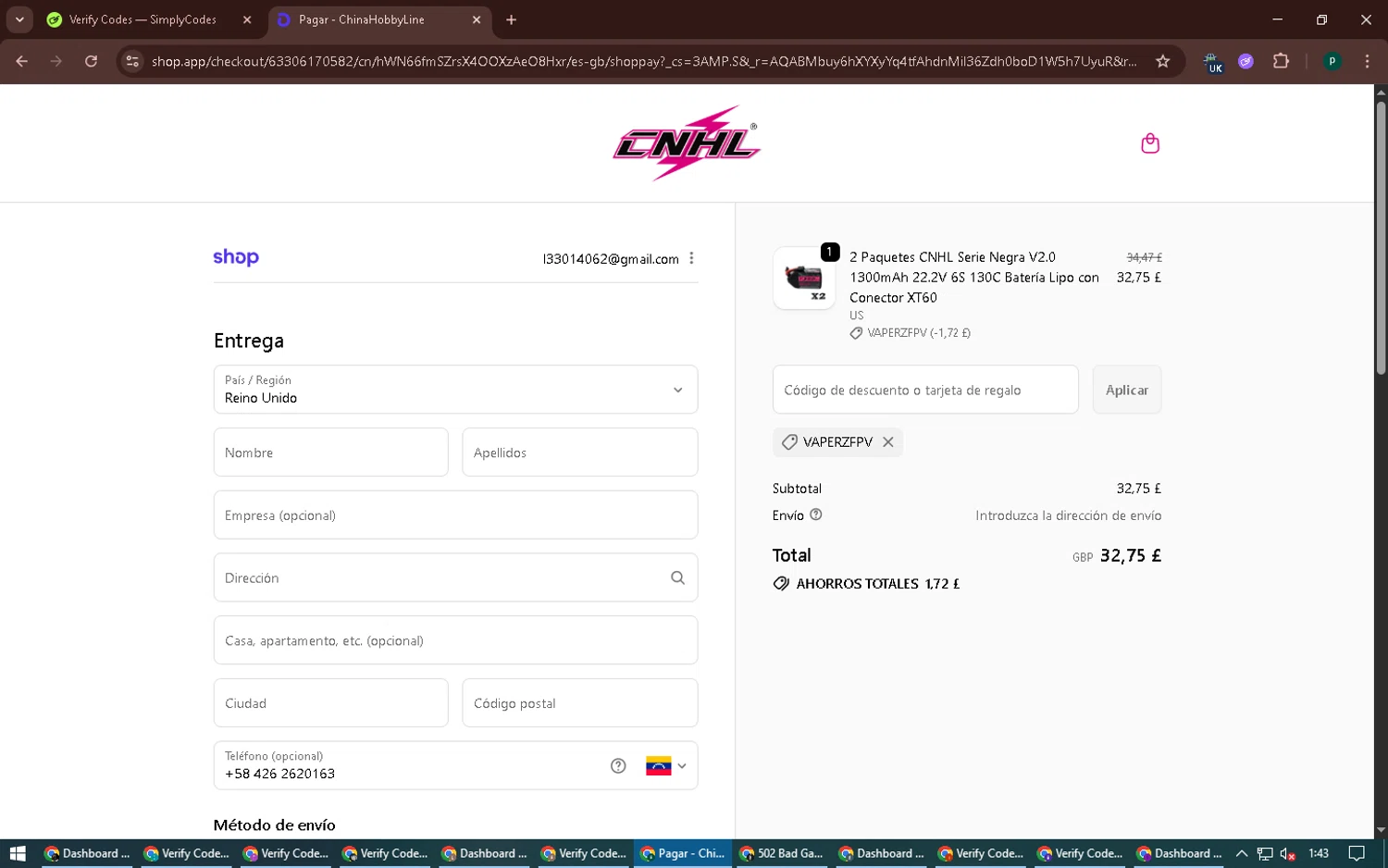 ChinaHobbyLine discount code screenshot showing code VAPERZFPV applied at ChinaHobbyLine checkout page. Uploaded by SimplyCodes community member ExtraordinaryVirtuoso6801 on Dec 6, 2025