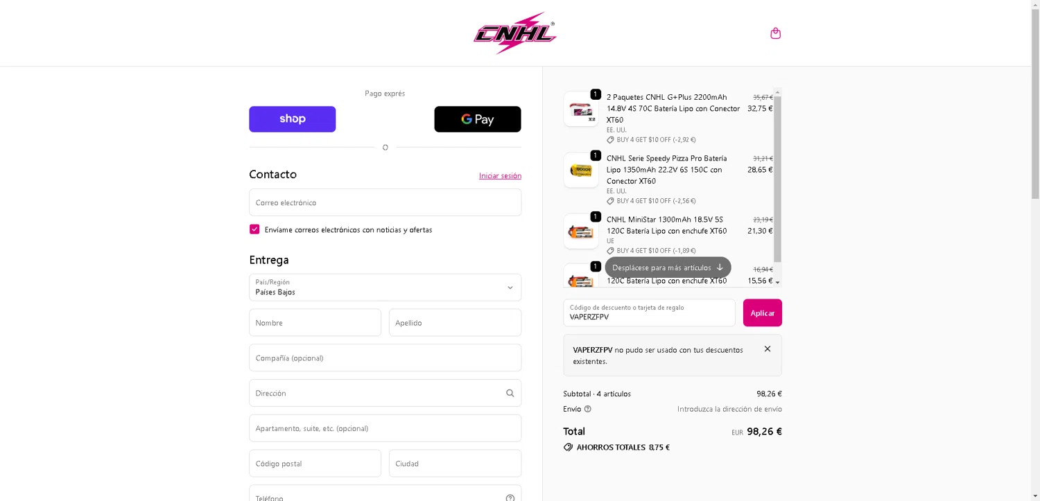 ChinaHobbyLine discount code screenshot showing code VAPERZFPV applied at ChinaHobbyLine checkout page. Uploaded by SimplyCodes community member VictoriousFinder4393 on Oct 16, 2025