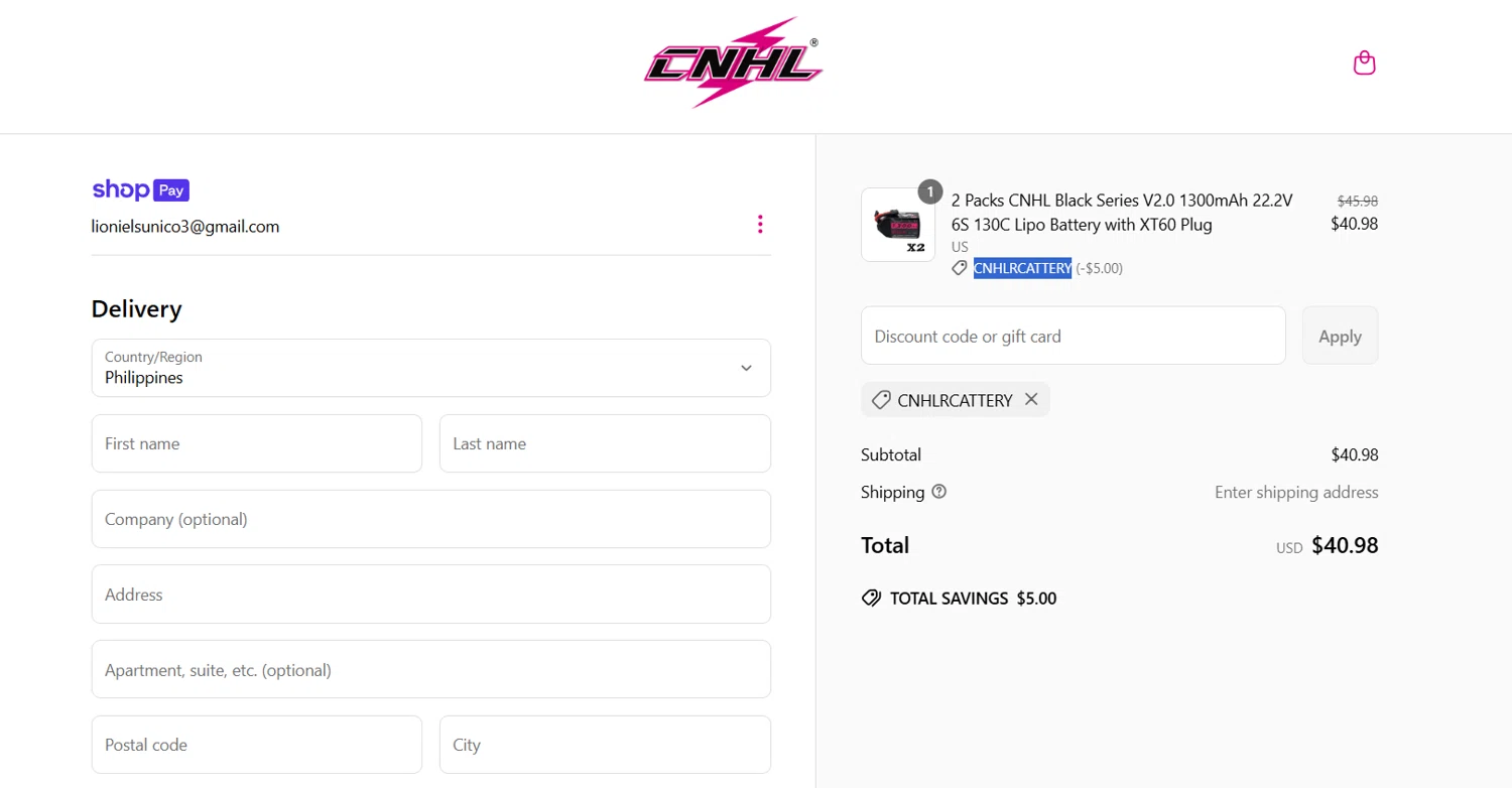 ChinaHobbyLine discount code screenshot showing code cnhlrcattery applied at ChinaHobbyLine checkout page. Uploaded by SimplyCodes community member Lioniel on Jun 5, 2025
