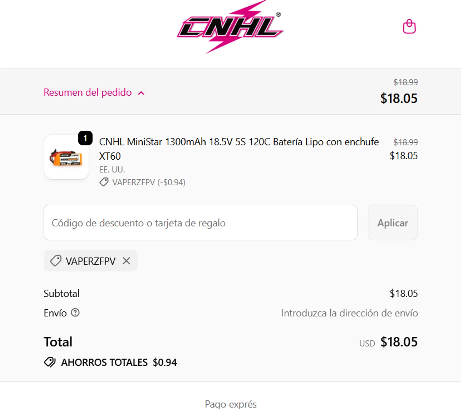 ChinaHobbyLine discount code screenshot showing code VAPERZFPV applied at ChinaHobbyLine checkout page. Uploaded by SimplyCodes community member becomeaware on Oct 16, 2025