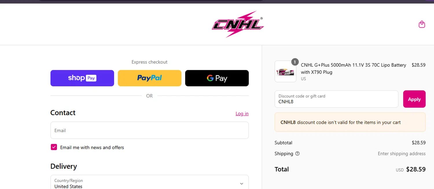 ChinaHobbyLine discount code screenshot showing code CNHL8 applied at ChinaHobbyLine checkout page. Uploaded by SimplyCodes community member ashe1986 on May 16, 2025