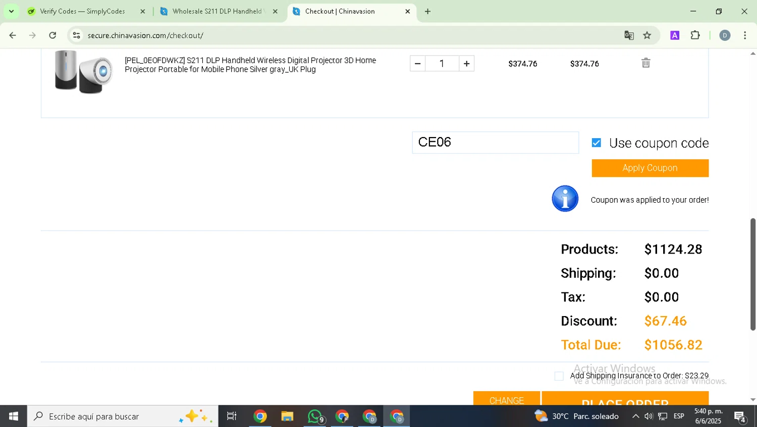 Chinavasion checkout page showing Chinavasion coupon code box | Screenshot taken by SimplyCodes community member on Jun 6, 2025