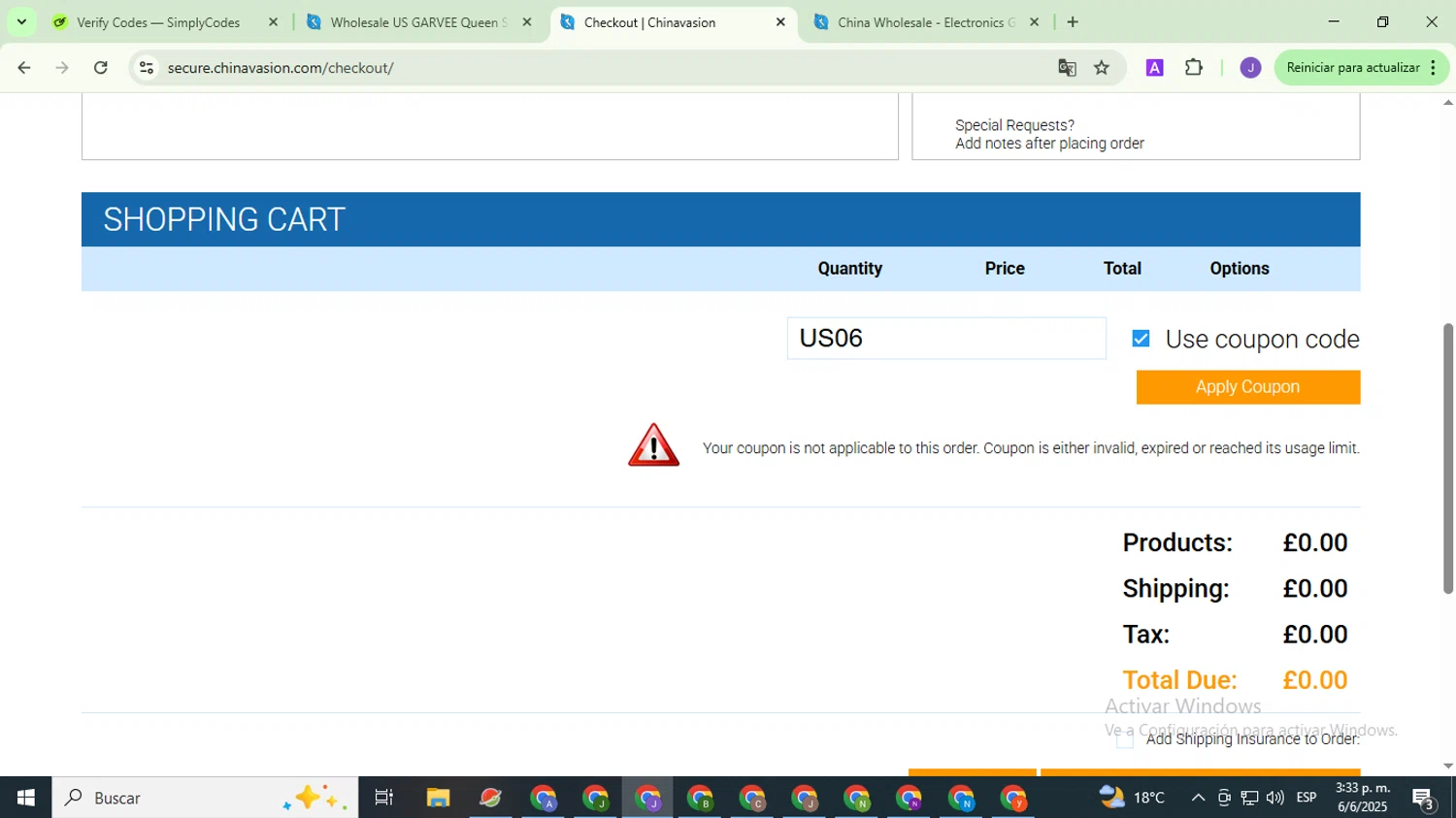 Chinavasion coupon code screenshot showing code US06 applied at Chinavasion checkout page. Uploaded by SimplyCodes community member PromoHunter9043 on Jun 6, 2025