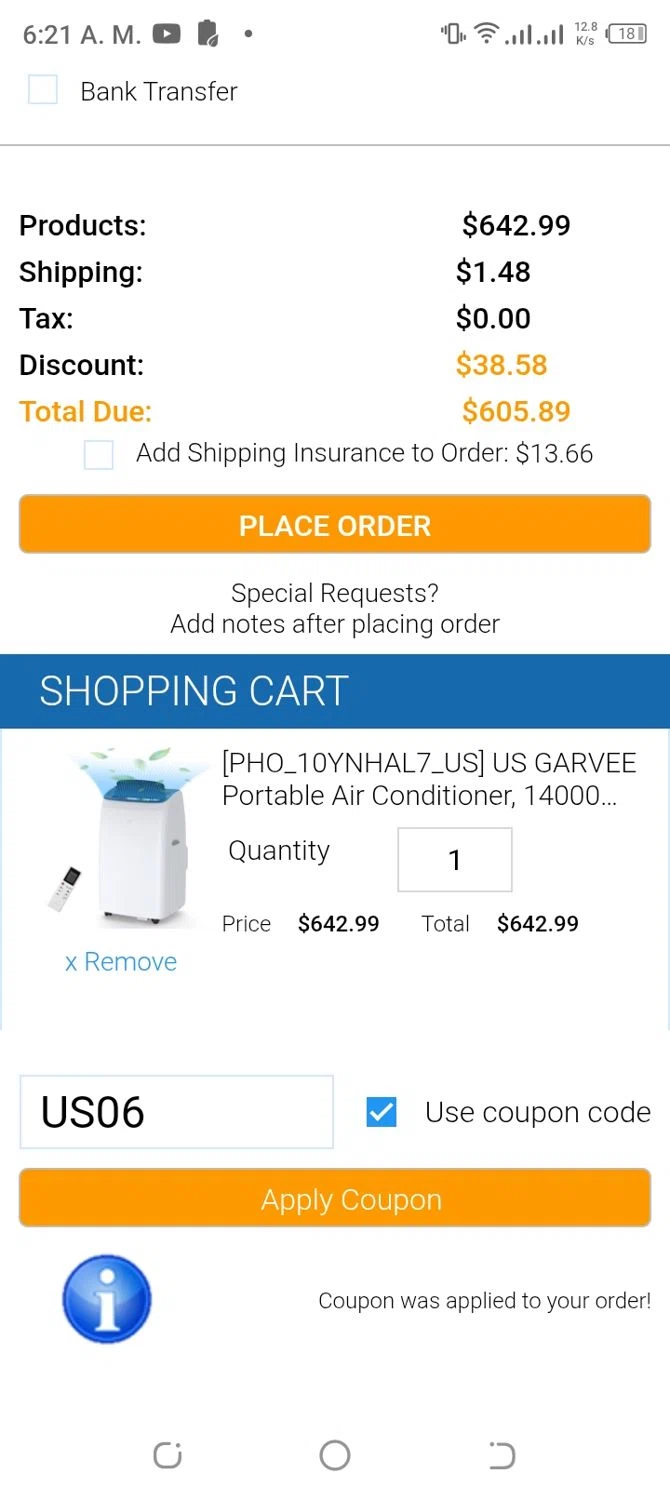 Chinavasion coupon code screenshot showing code US06 applied at Chinavasion checkout page. Uploaded by SimplyCodes community member BrilliantScholar2524 on Jan 30, 2025