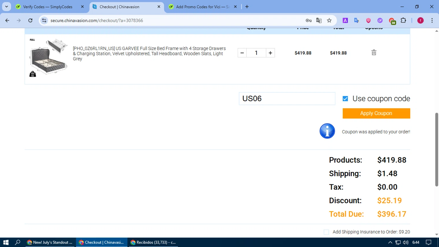 Chinavasion coupon code screenshot showing code US06 applied at Chinavasion checkout page. Uploaded by SimplyCodes community member fausguillermo on Jul 1, 2025