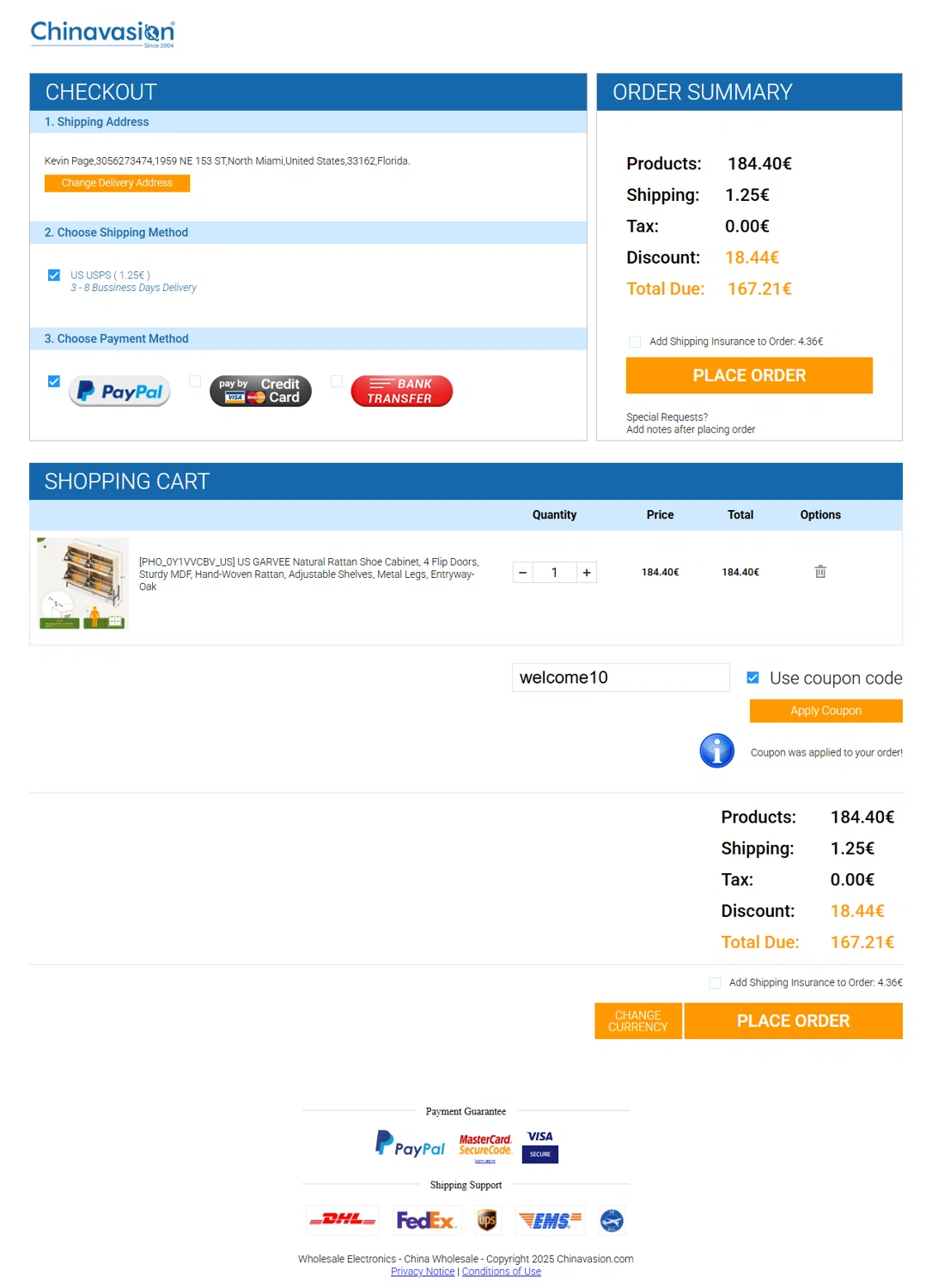 Chinavasion coupon code screenshot showing code welcome10 applied at Chinavasion checkout page. Uploaded by SimplyCodes community member KevLapage on Feb 8, 2025