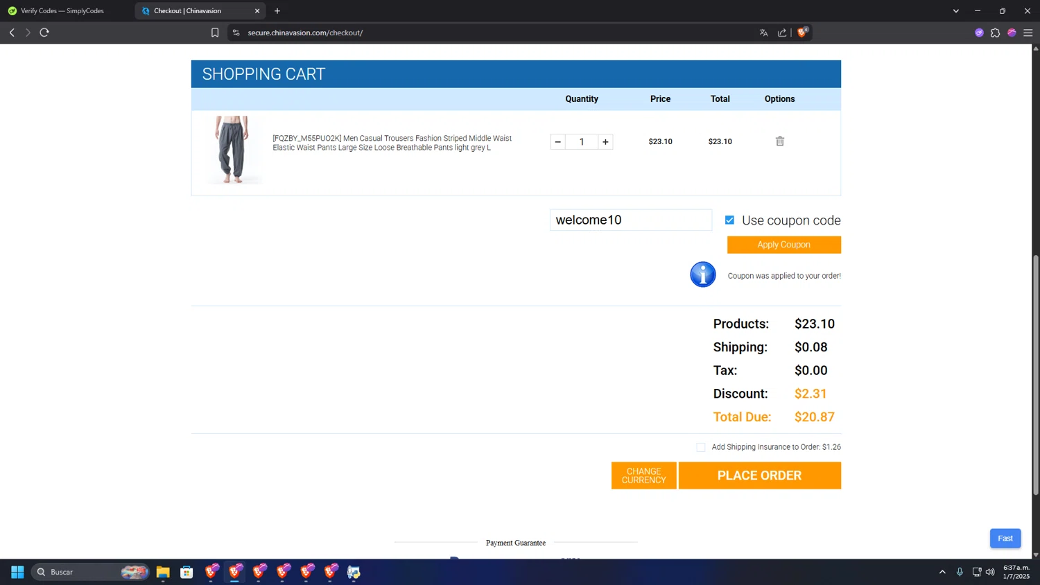 Chinavasion coupon code screenshot showing code welcome10 applied at Chinavasion checkout page. Uploaded by SimplyCodes community member INSECTOS on Jul 1, 2025