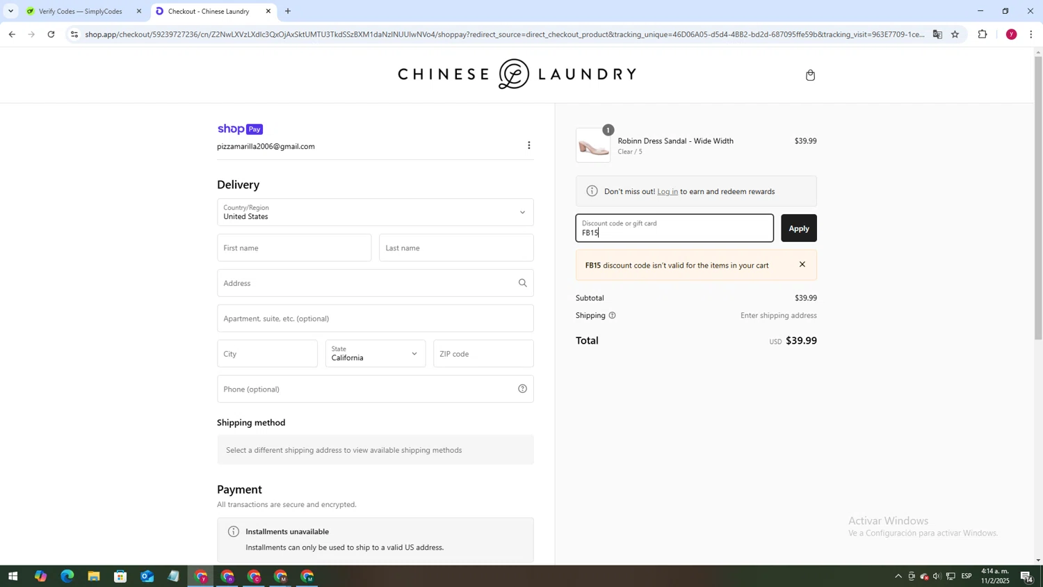 Chinese Laundry coupon code screenshot showing code FB15 applied at Chinese Laundry checkout page. Uploaded by SimplyCodes community member ThriftyWizard1508 on Feb 11, 2025