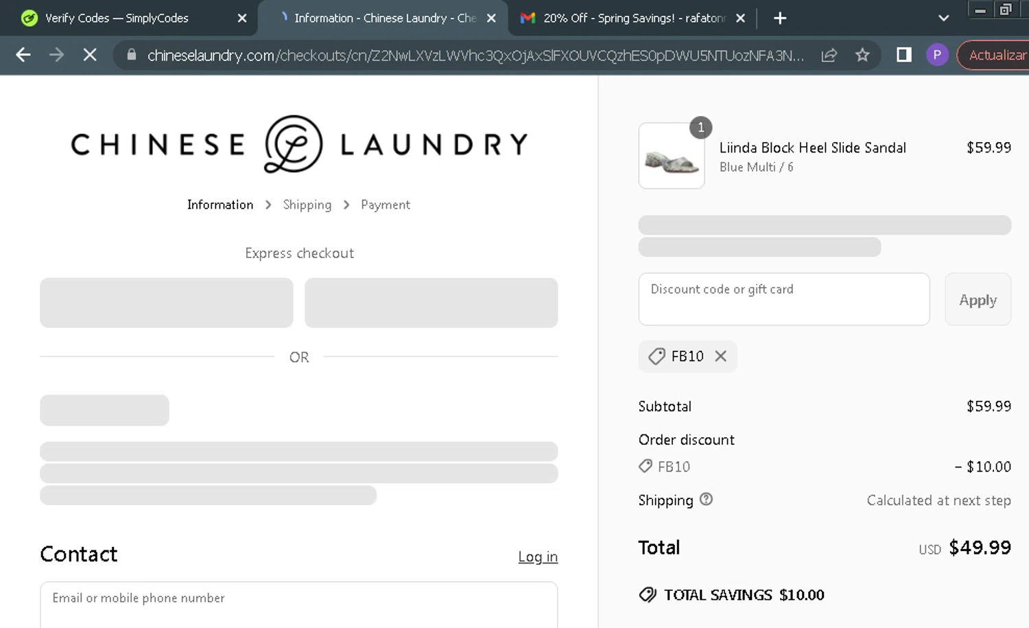 Chinese Laundry coupon code screenshot showing code FB10 applied at Chinese Laundry checkout page. Uploaded by SimplyCodes community member ParisAntonio on Apr 2, 2025