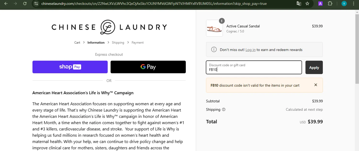 Chinese Laundry coupon code screenshot showing code FB10 applied at Chinese Laundry checkout page. Uploaded by SimplyCodes community member ValiantChaser7723 on Feb 3, 2025