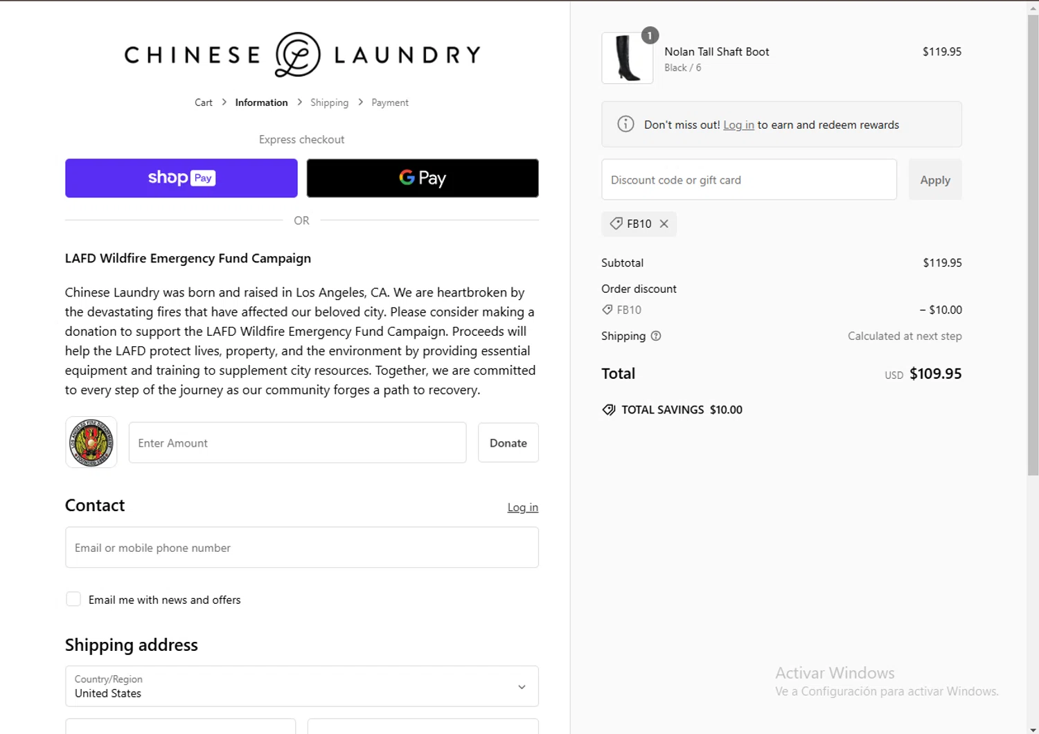 Chinese Laundry coupon code screenshot showing code FB10 applied at Chinese Laundry checkout page. Uploaded by SimplyCodes community member SwiftPhoenix267 on Jan 26, 2025