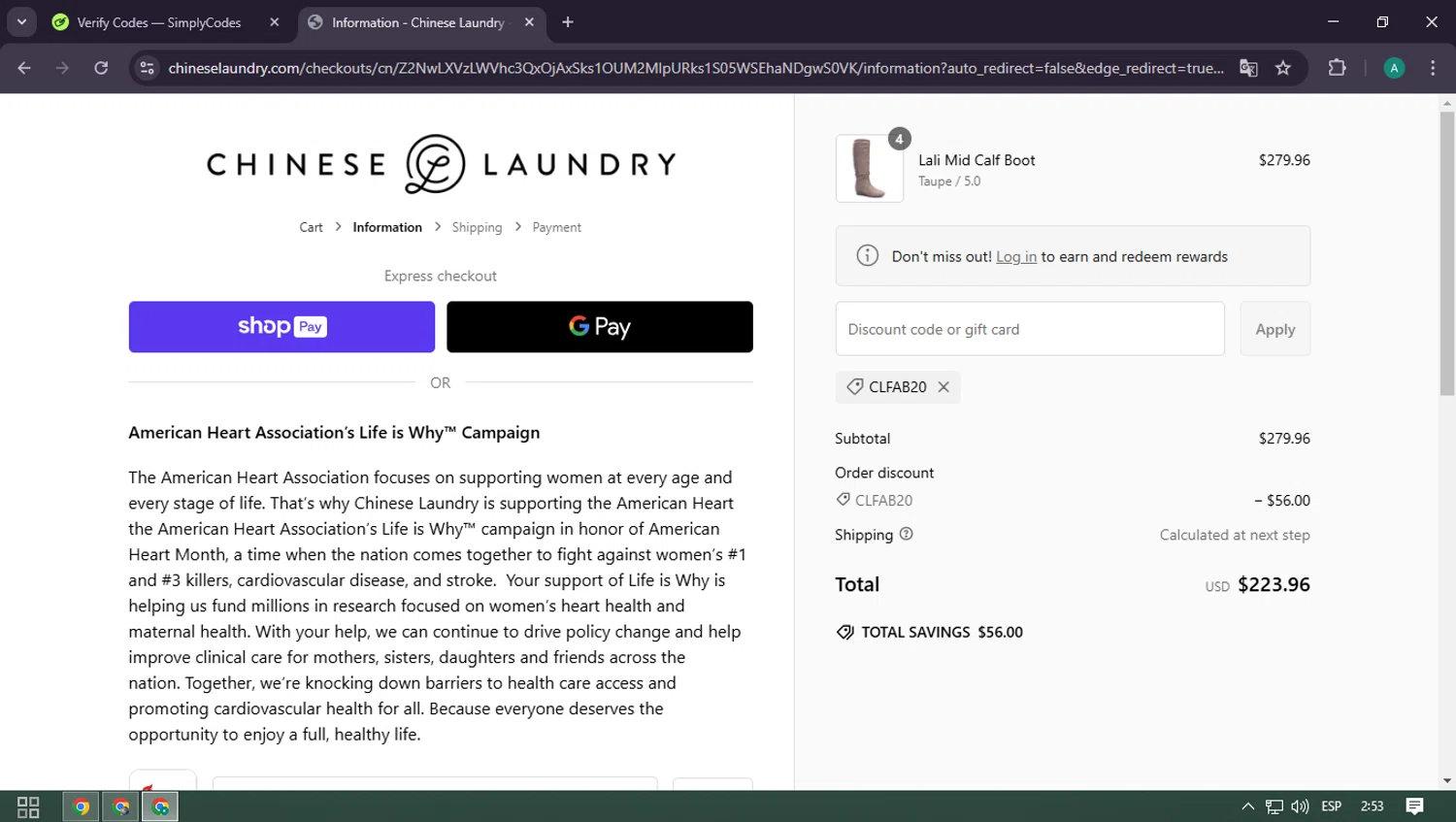 Chinese Laundry coupon code screenshot showing code CLFAB20 applied at Chinese Laundry checkout page. Uploaded by SimplyCodes community member CarlOz on Feb 3, 2025